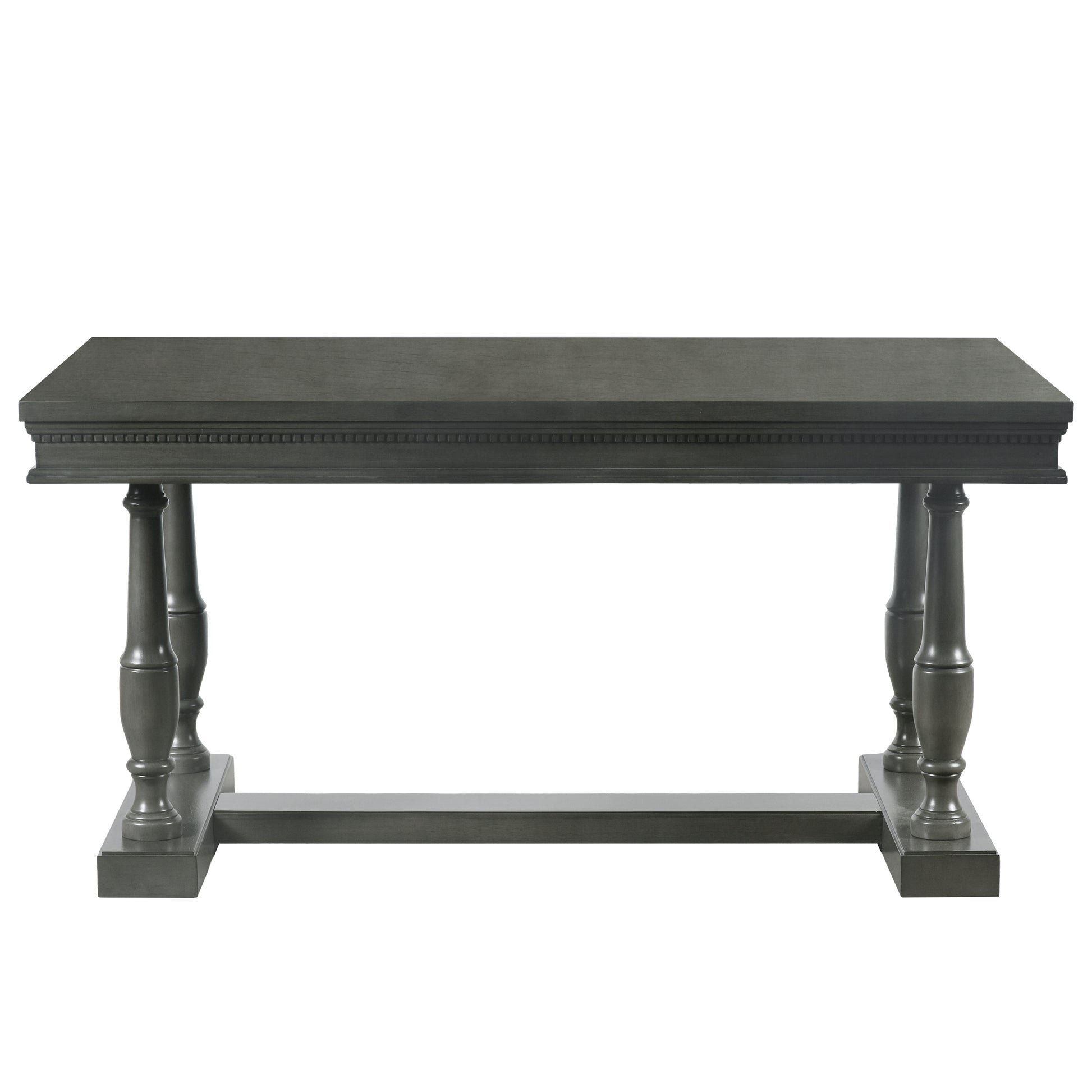 7 Piece Dining Table With 4 Trestle Base And 6 Upholstered Chairs With Slightly Curve And Ergonomic Seat Back Gray Upholstered Chair Wood Gray Seats 6 Wood Dining Room Distressed Finish American Design,Antique Trestle Rectangular Dining Table With Chair