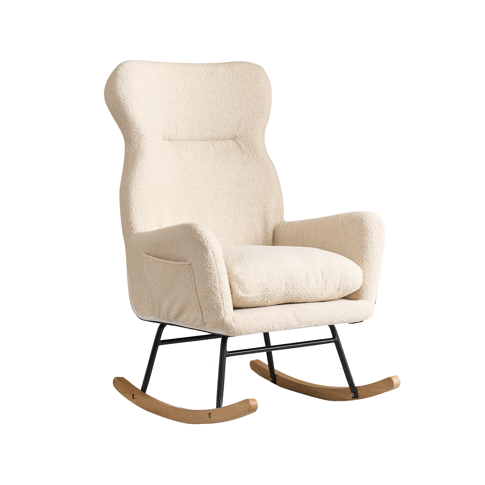 Modern Rocking Chair With High Backrest,Teddy Material Comfort Arm Rocker, Lounge Armchair For Living Room Beige Cotton Metal