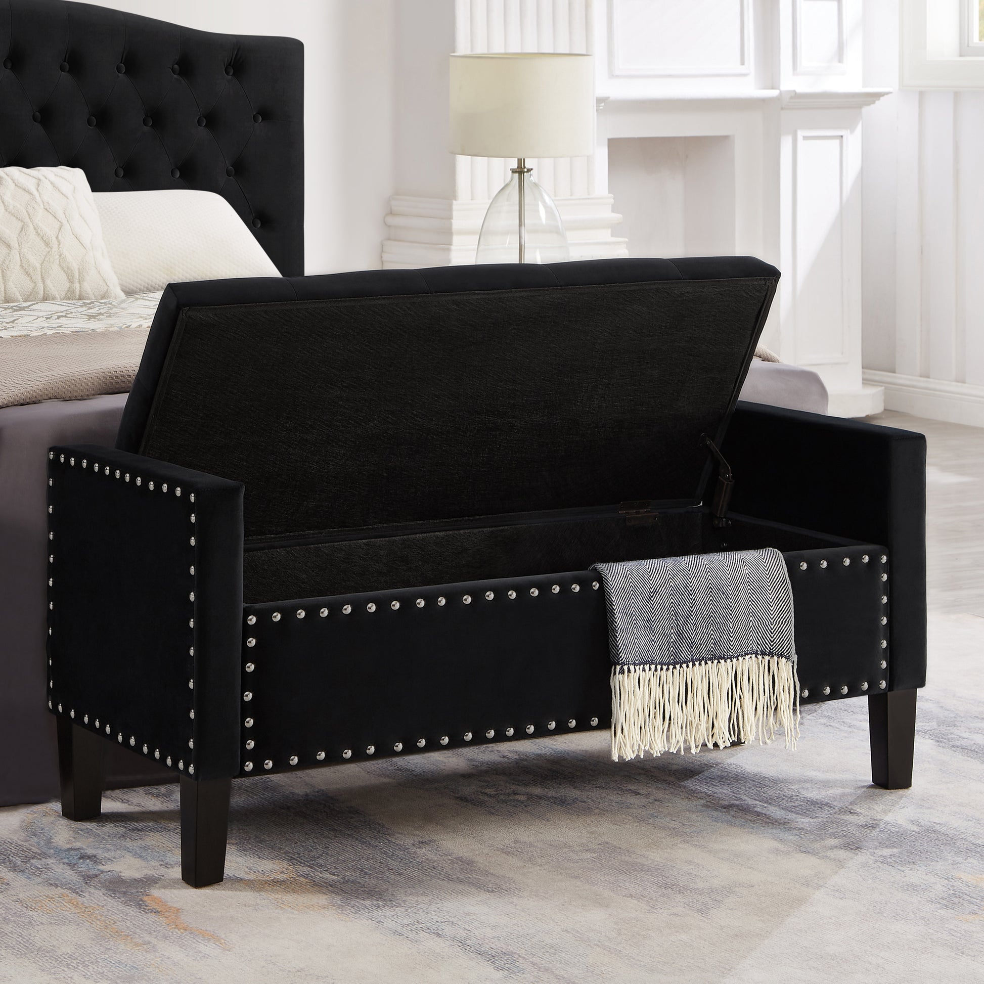 Upholstered Tufted Button Storage Bench With Nails Trim,Entryway Living Room Soft Padded Seat With Armrest,Bed Bench Black Nailheads Black Espresso Velvet Primary Living Space Black American Design Rubberwood Wood Internal Storage Foam Velvet