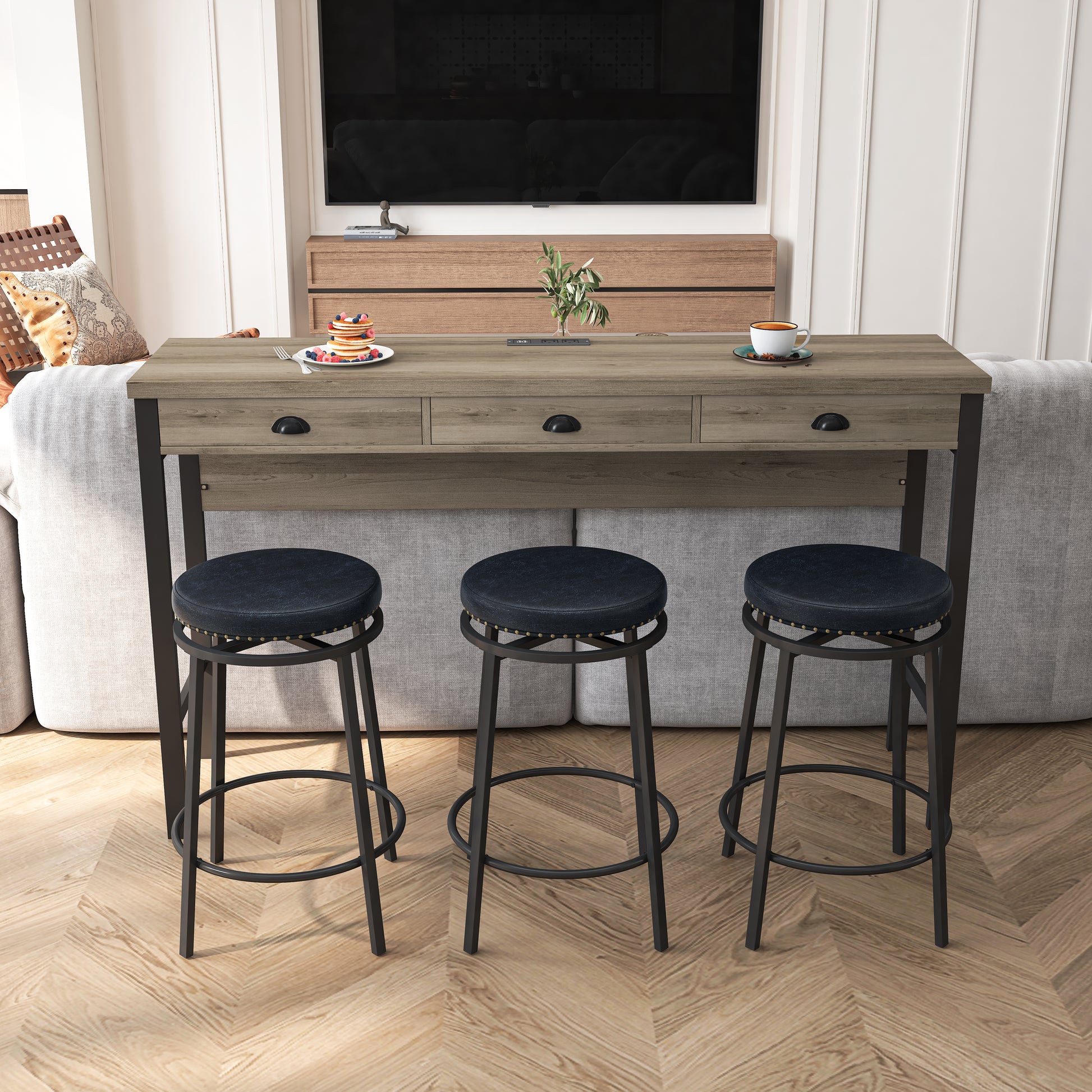 3 Drawer Long Dining Table Set With Power Outlets, Bar Kitchen Table Set With Circular Pu Stools, Easy Assemble, Brown Gray Table Black Stool Upholstered Chair Wood Black Metal Dining Table With Chair Mdf Metal
