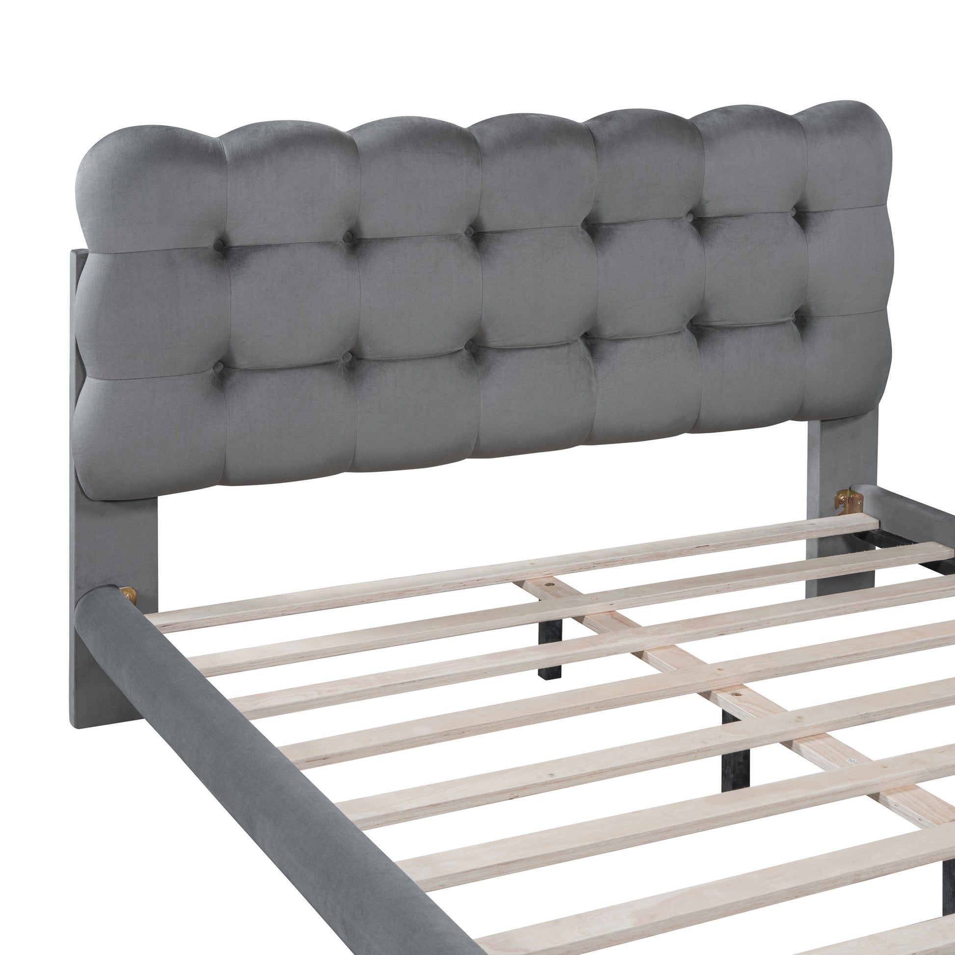 Full Size Velvet Platform Bed With Led Frame, Thick & Soft Fabric And Button Tufted Design Headboard, Gray Gray Velvet