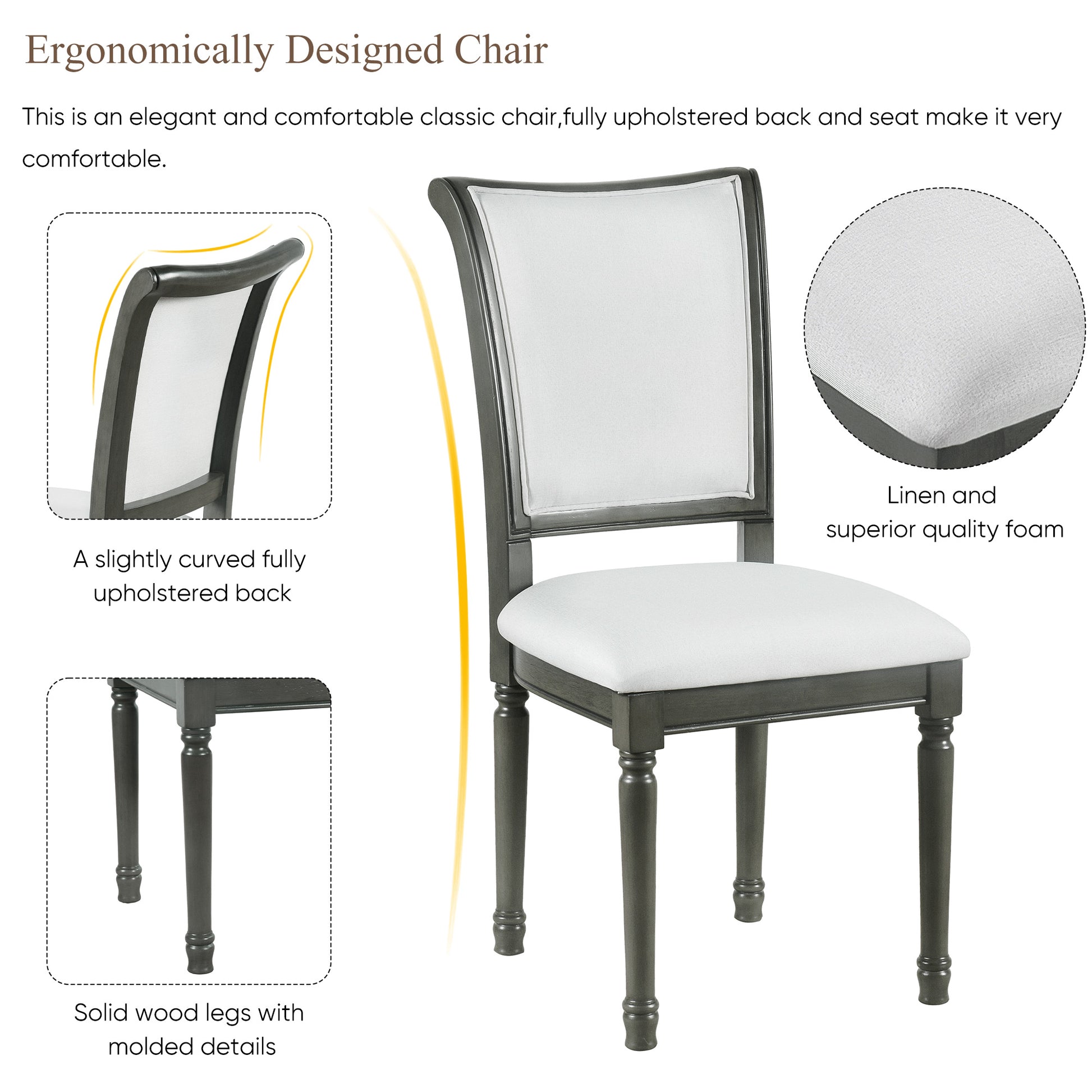 7 Piece Dining Table With 4 Trestle Base And 6 Upholstered Chairs With Slightly Curve And Ergonomic Seat Back Gray Upholstered Chair Wood Gray Seats 6 Wood Dining Room Distressed Finish American Design,Antique Trestle Rectangular Dining Table With Chair