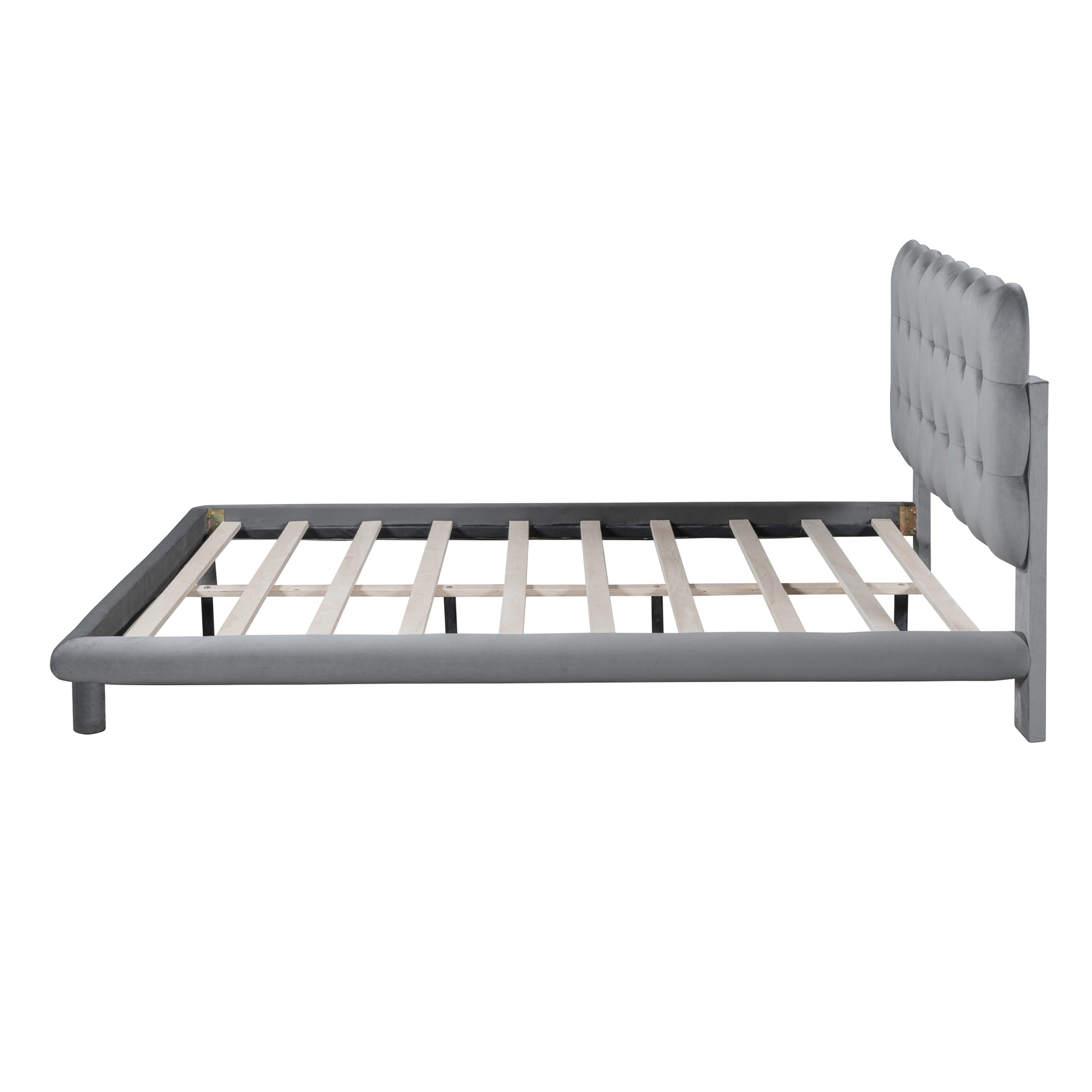 Queen Size Velvet Platform Bed With Led Frame, Thick & Soft Fabric And Button Tufted Design Headboard, Gray Gray Velvet
