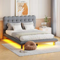 Queen Size Velvet Platform Bed With Led Frame, Thick & Soft Fabric And Button Tufted Design Headboard, Gray Gray Velvet