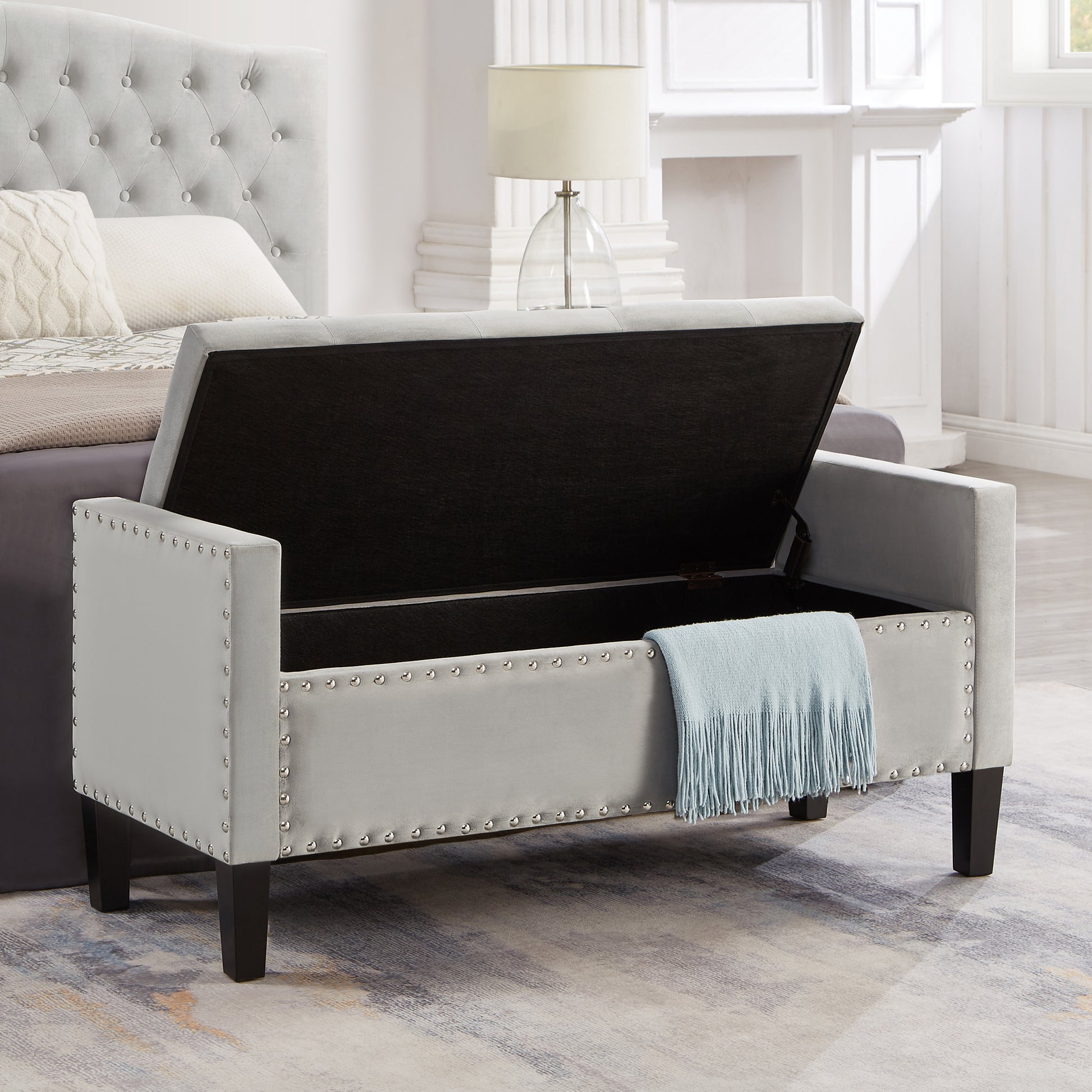 Upholstered Tufted Button Storage Bench With Nails Trim,Entryway Living Room Soft Padded Seat With Armrest,Bed Bench Gray Armrest Gray Espresso Primary Living Space Velvet Solid American Design Rubberwood Wood Internal Storage Foam Velvet