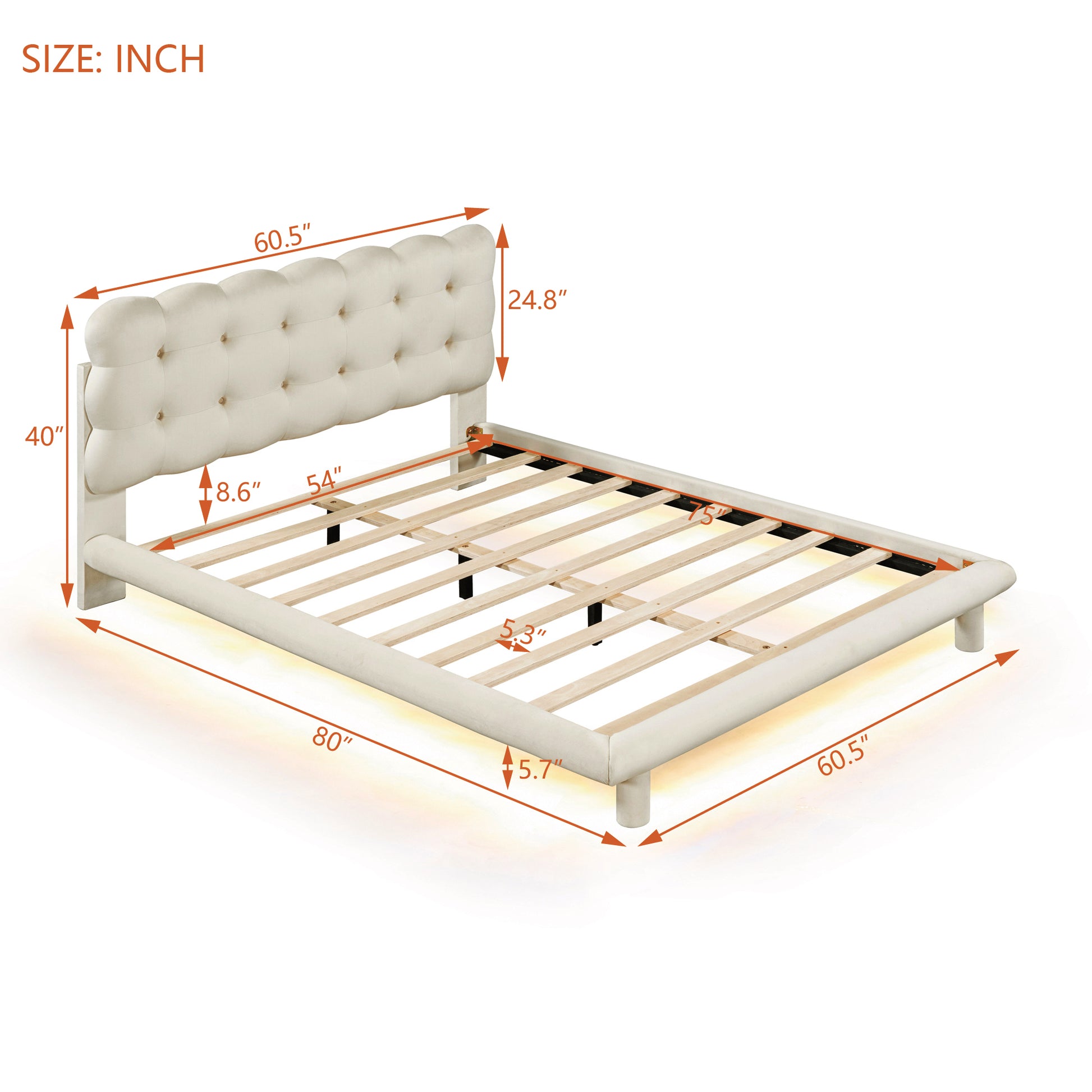 Full Size Velvet Platform Bed With Led Frame, Thick & Soft Fabric And Button Tufted Design Headboard, Beige Beige Velvet