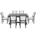 7 Piece Dining Table With 4 Trestle Base And 6 Upholstered Chairs With Slightly Curve And Ergonomic Seat Back Gray Upholstered Chair Wood Gray Seats 6 Wood Dining Room Distressed Finish American Design,Antique Trestle Rectangular Dining Table With Chair