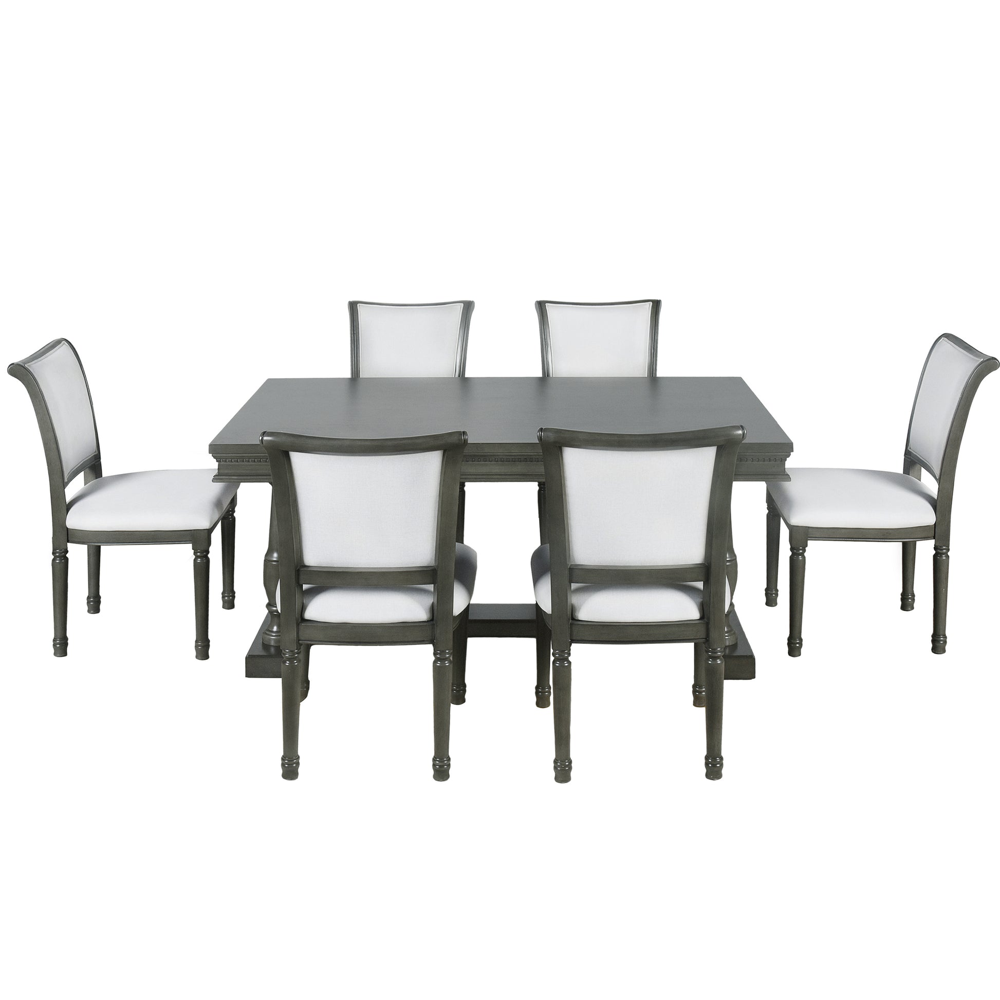 7 Piece Dining Table With 4 Trestle Base And 6 Upholstered Chairs With Slightly Curve And Ergonomic Seat Back Gray Upholstered Chair Wood Gray Seats 6 Wood Dining Room Distressed Finish American Design,Antique Trestle Rectangular Dining Table With Chair