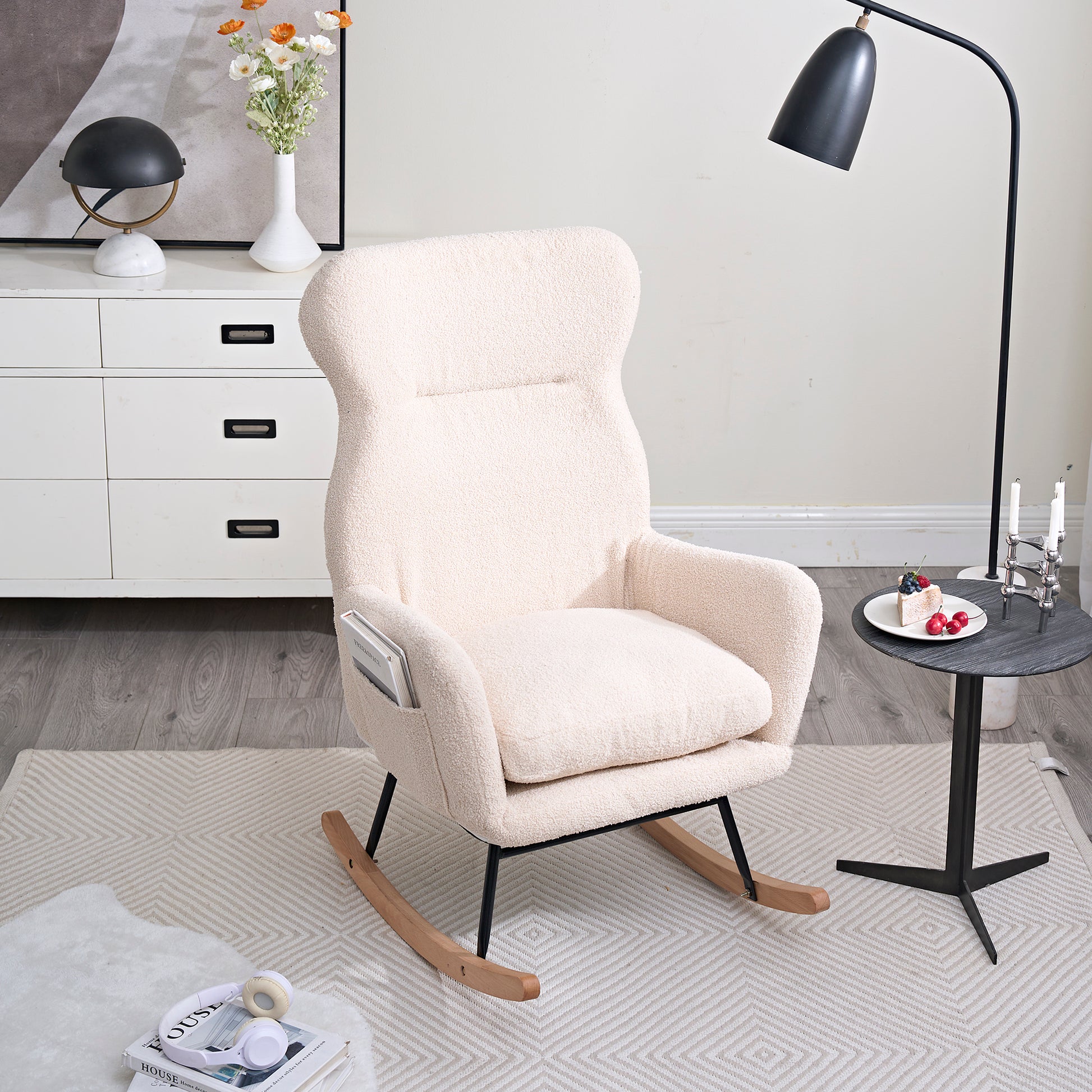 Modern Rocking Chair With High Backrest,Teddy Material Comfort Arm Rocker, Lounge Armchair For Living Room Beige Cotton Metal