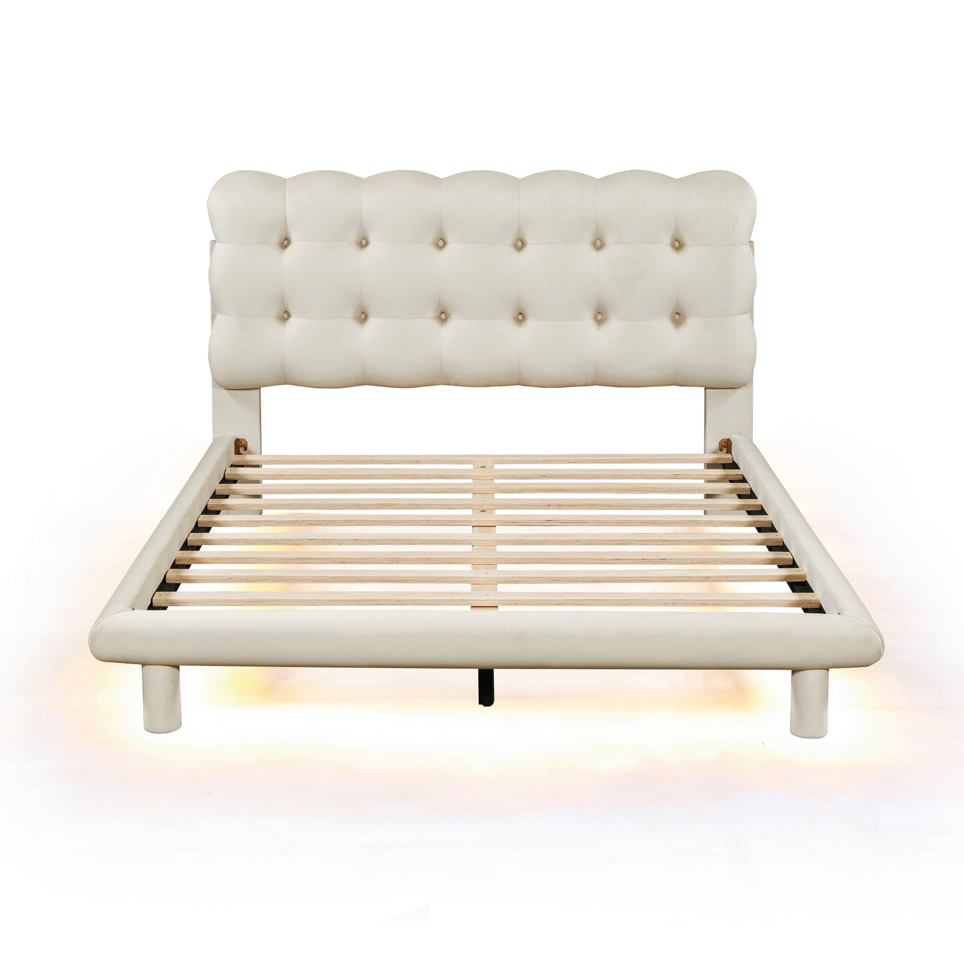 Full Size Velvet Platform Bed With Led Frame, Thick & Soft Fabric And Button Tufted Design Headboard, Beige Beige Velvet