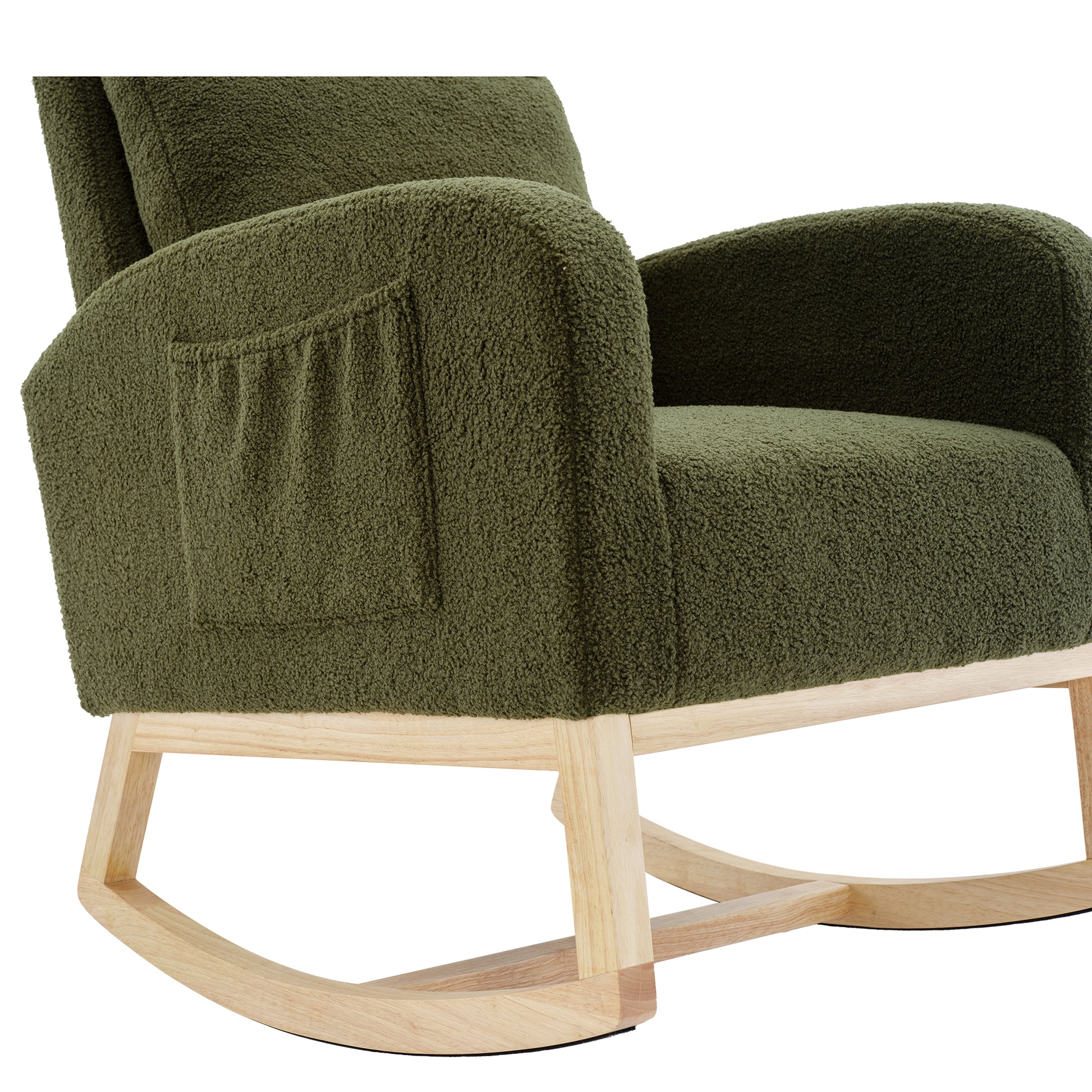 Modern Accent Rocking Chair Rocking Chair With Solid Wood Legs, Upholstered Nursery Glider Rocker, Comfy Armchair With Side Pocket, Living Room Lounge Arm Chair With High Backrest Dark Green,Teddy Dark Green White Primary Living Space Casual Foam Teddy