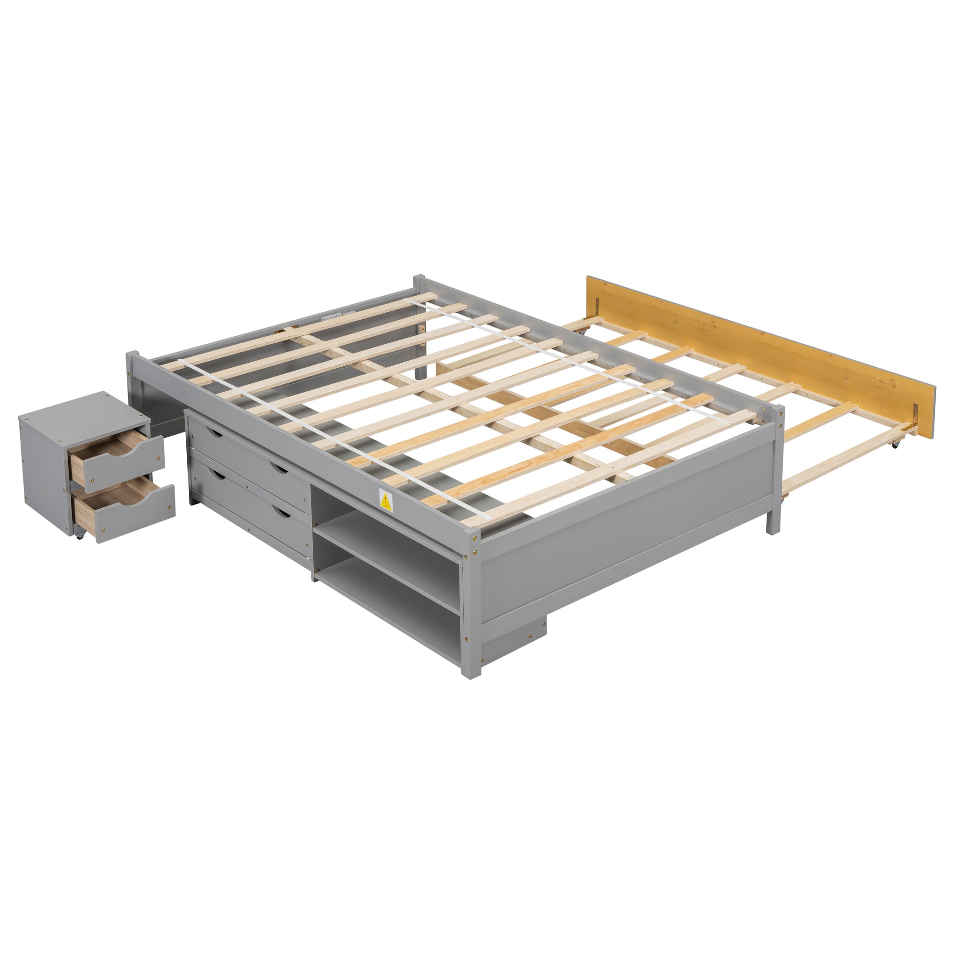 Versatile Full Bed With Trundle,Under Bed Storage Box And Nightstand .Grey Full Grey American Design Pine