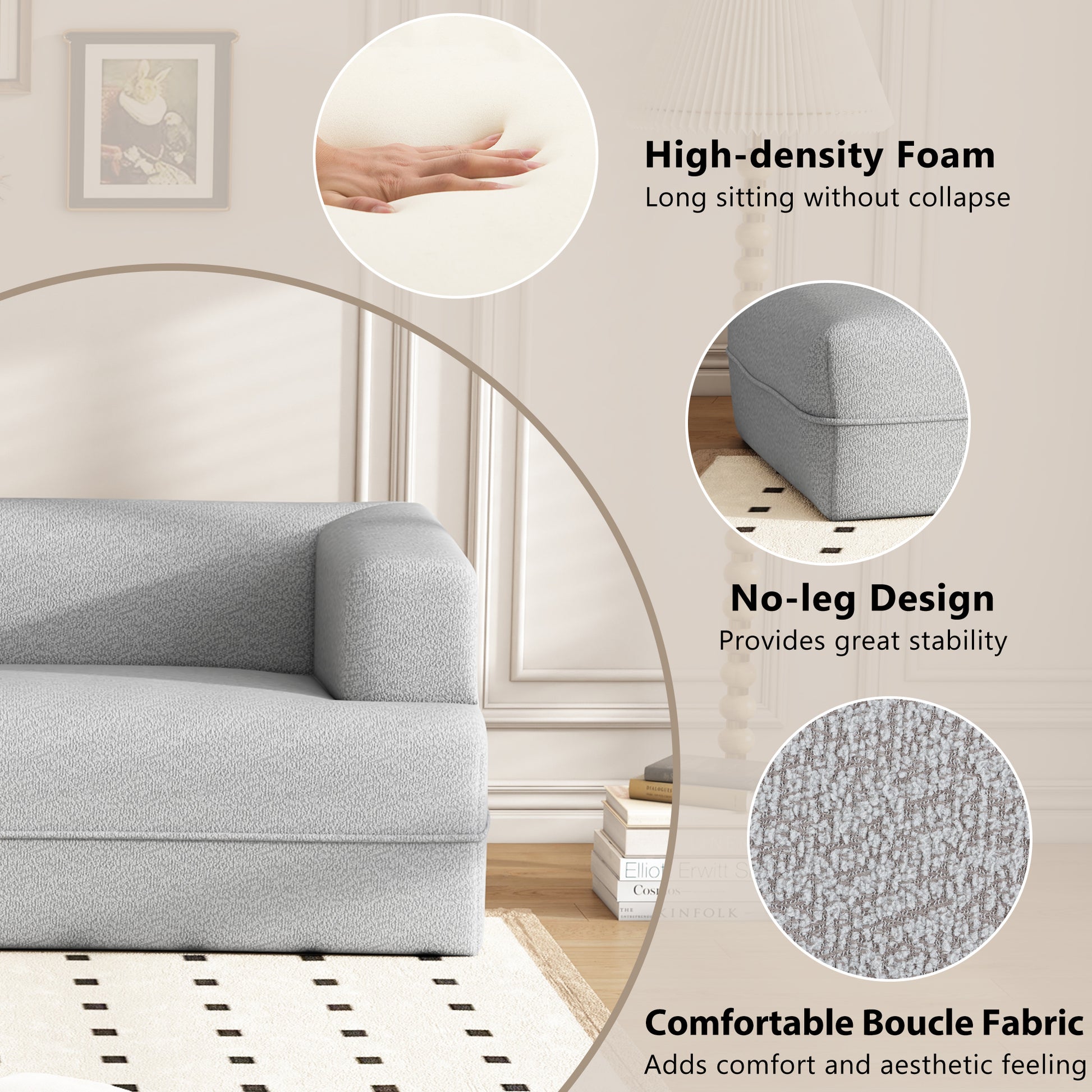 109.4" Curved Chaise Lounge Modern Indoor Sofa Couch For Living Room, Grey Old Sku:Wf313109Aae Grey Boucle