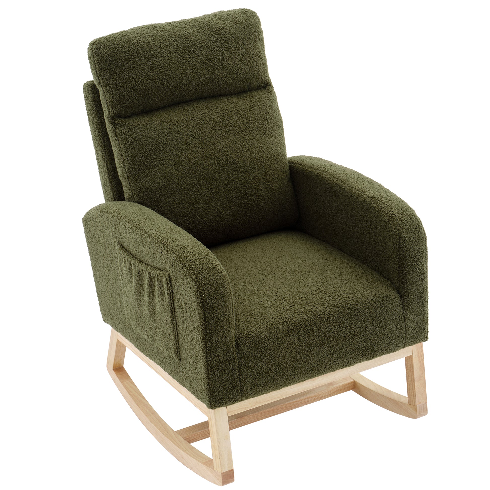Modern Accent Rocking Chair Rocking Chair With Solid Wood Legs, Upholstered Nursery Glider Rocker, Comfy Armchair With Side Pocket, Living Room Lounge Arm Chair With High Backrest Dark Green,Teddy Dark Green White Primary Living Space Casual Foam Teddy