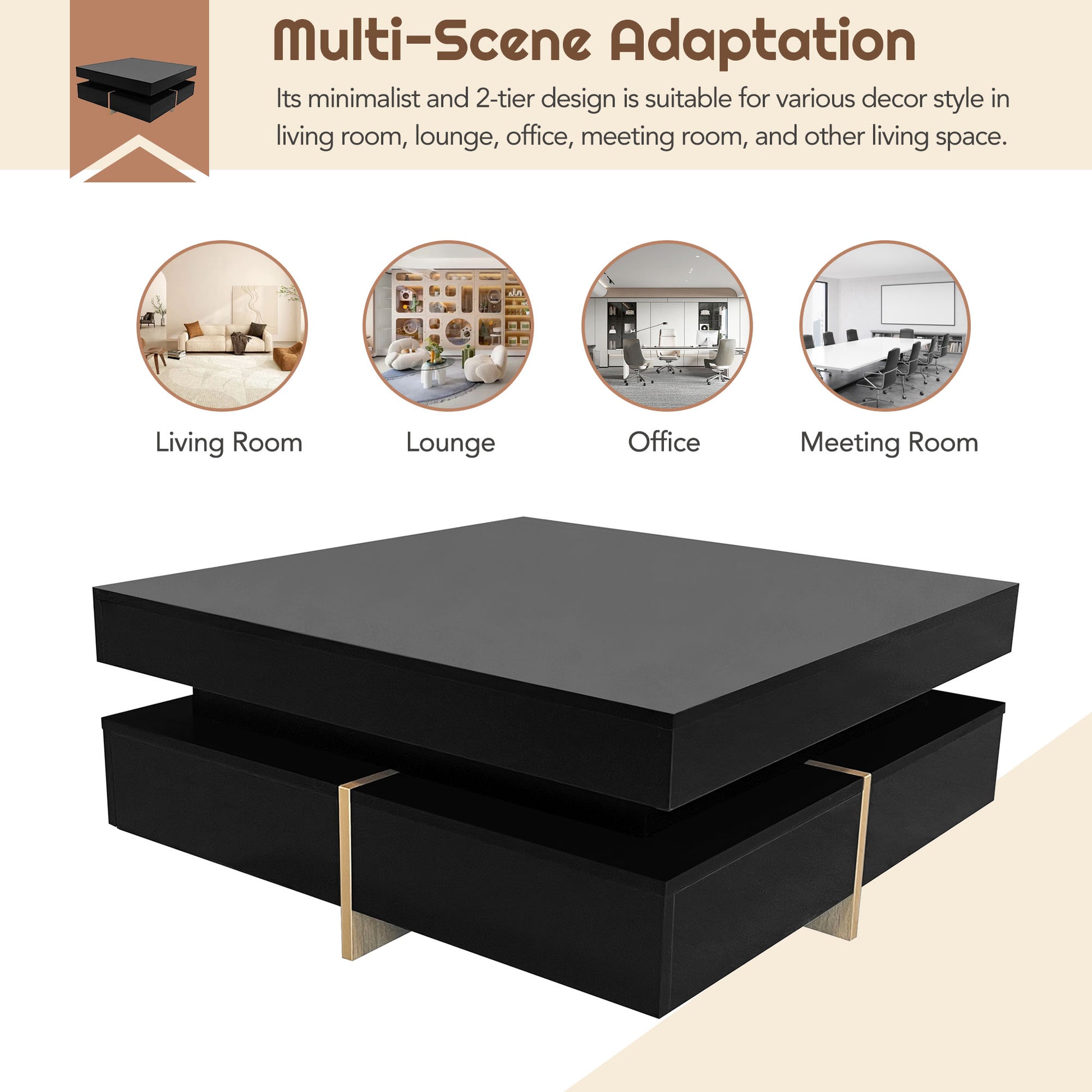 Modern High Gloss Coffee Table With 4 Drawers, Multi Storage Square Cocktail Tea Table With Wood Grain Legs, Center Table For Living Room, 31.5''X31.5'', Black Black Primary Living Space Drawers Particle Board