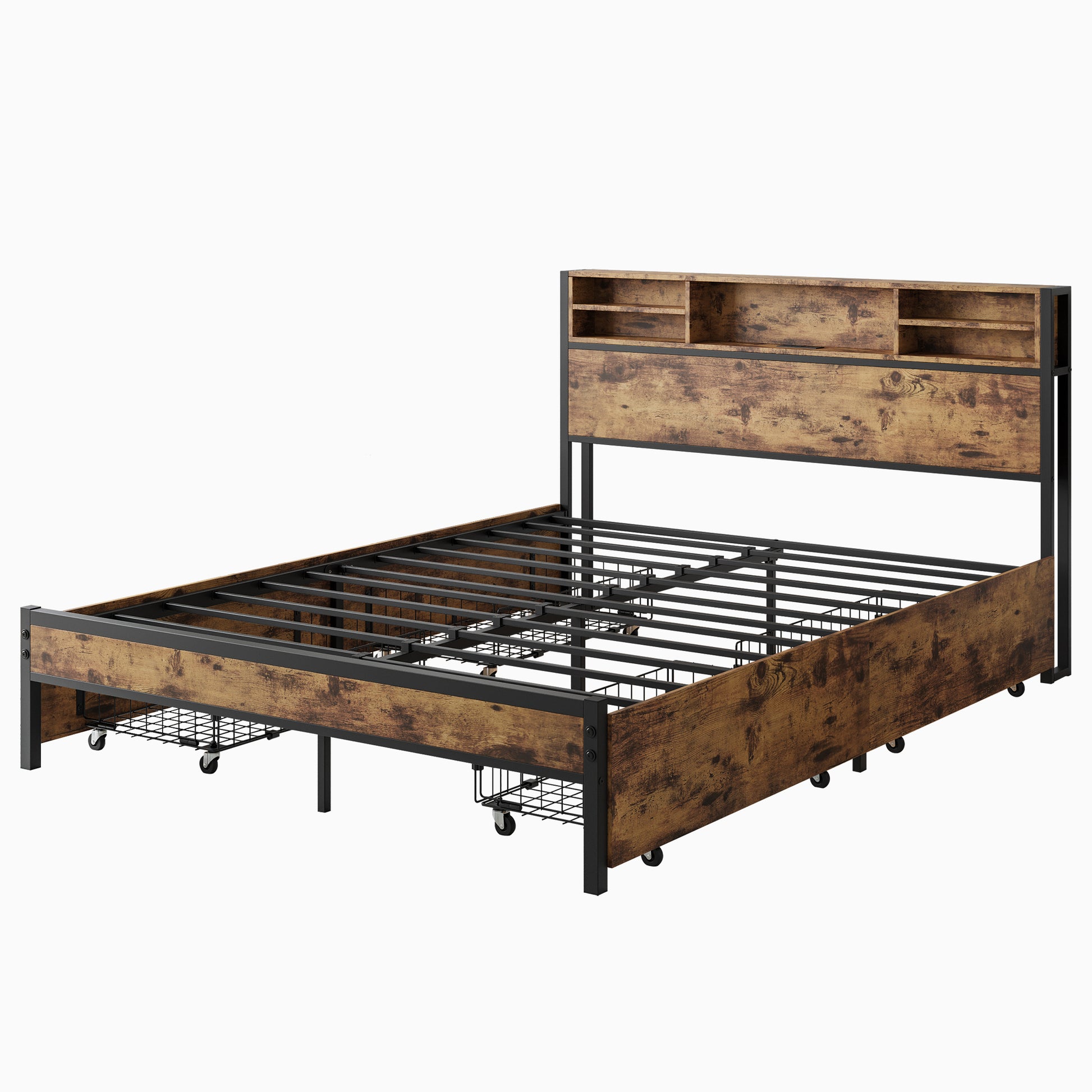 Queen Bed Frame With Storage Headboard And 4 Drawers Box Spring Not Required Queen Black Metal Bedroom Bed Frame Metal & Wood