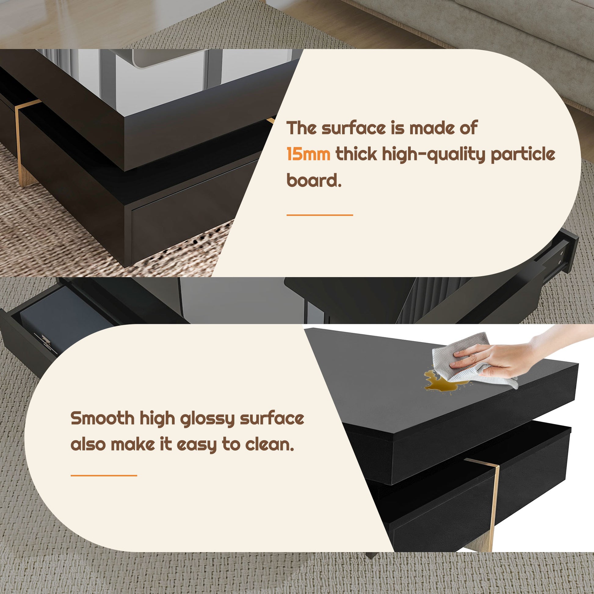 Modern High Gloss Coffee Table With 4 Drawers, Multi Storage Square Cocktail Tea Table With Wood Grain Legs, Center Table For Living Room, 31.5''X31.5'', Black Black Primary Living Space Drawers Particle Board