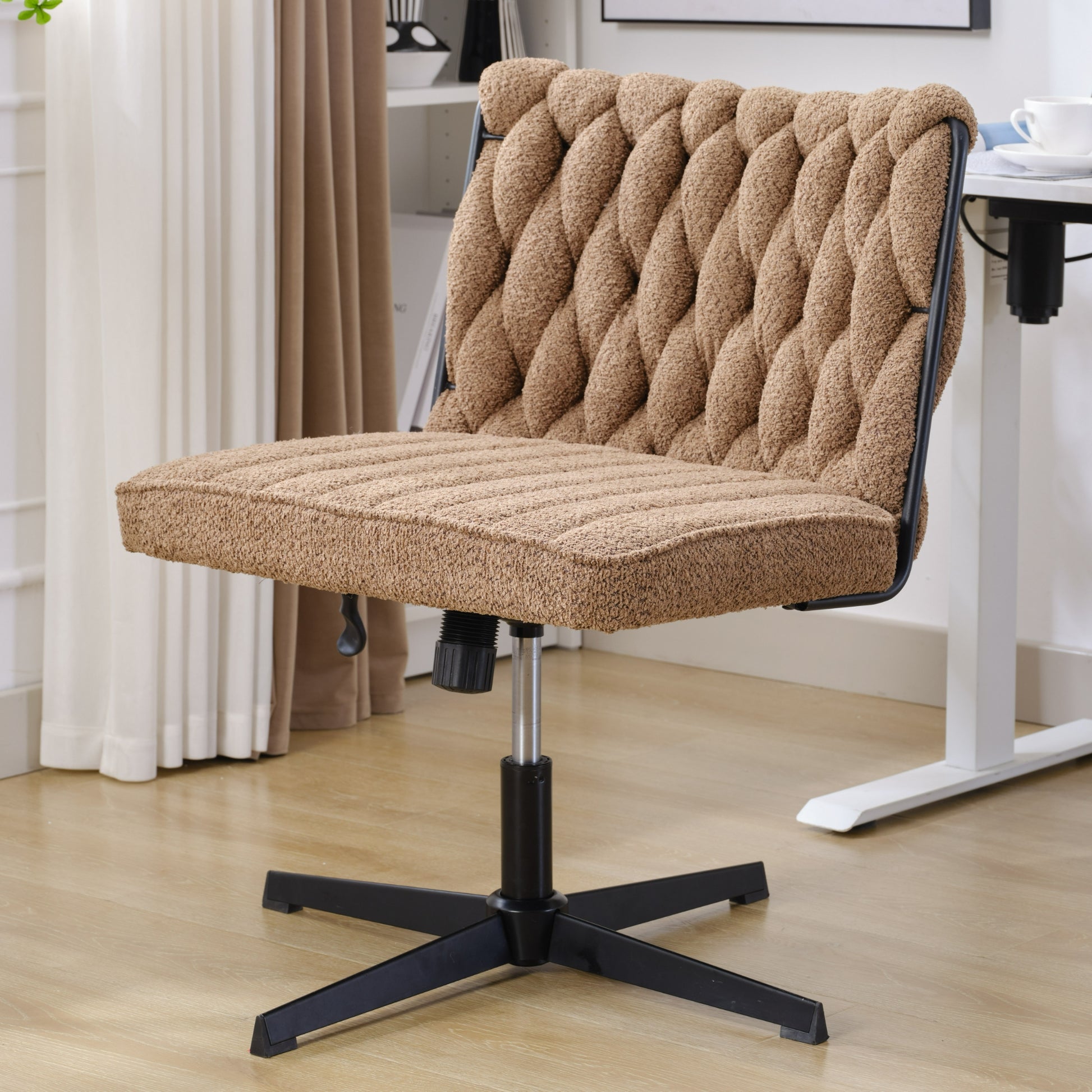 Armless Office Desk Chair No Wheels, Brown Brown Foam Polyester Blend