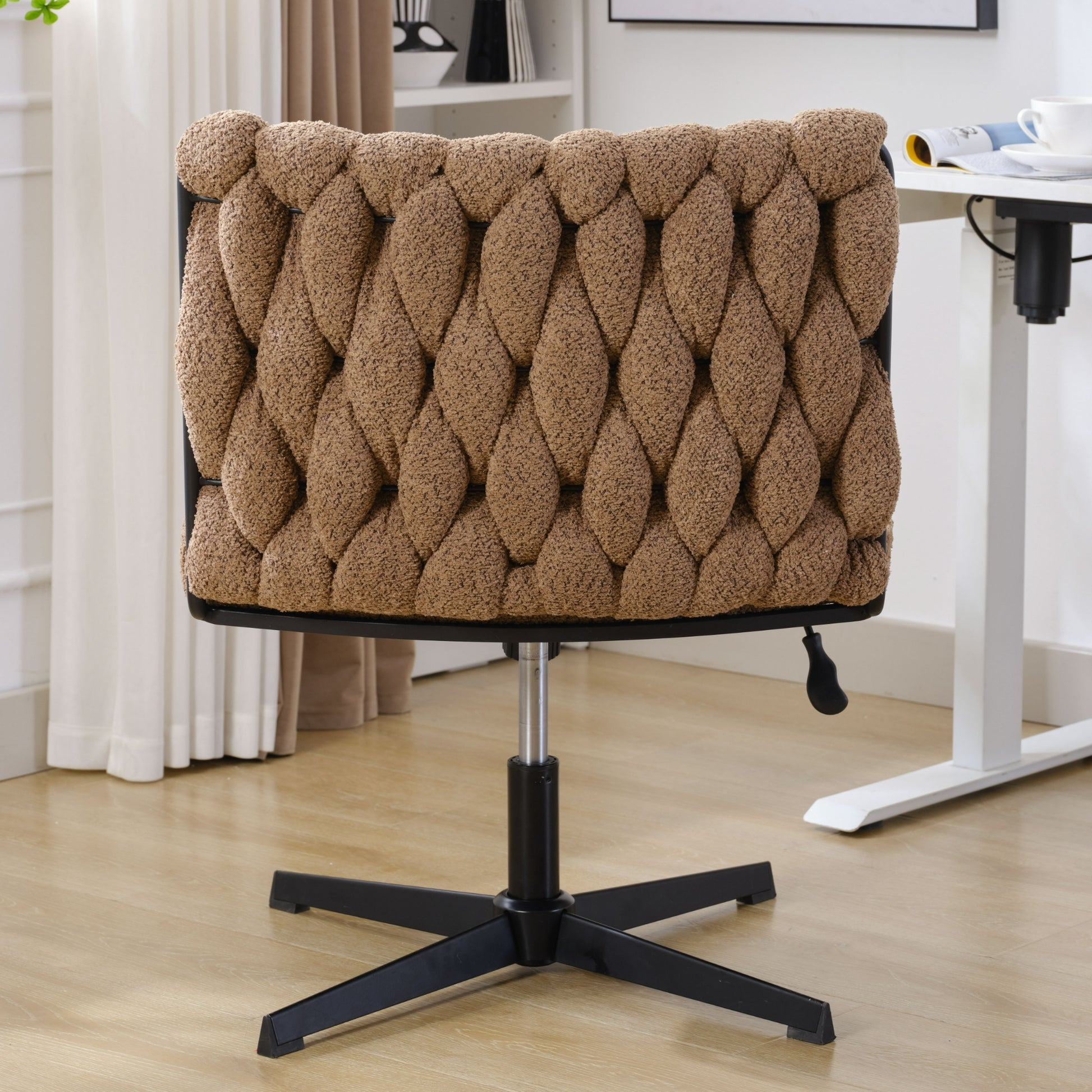 Armless Office Desk Chair No Wheels, Brown Brown Foam Polyester Blend