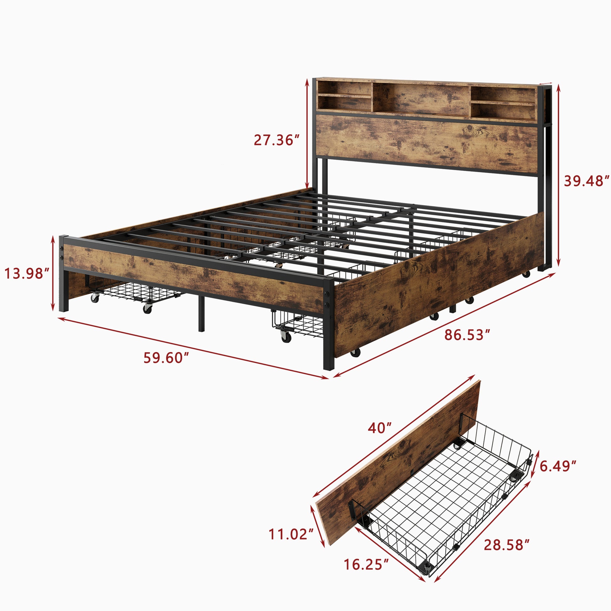 Queen Bed Frame With Storage Headboard And 4 Drawers Box Spring Not Required Queen Black Metal Bedroom Bed Frame Metal & Wood