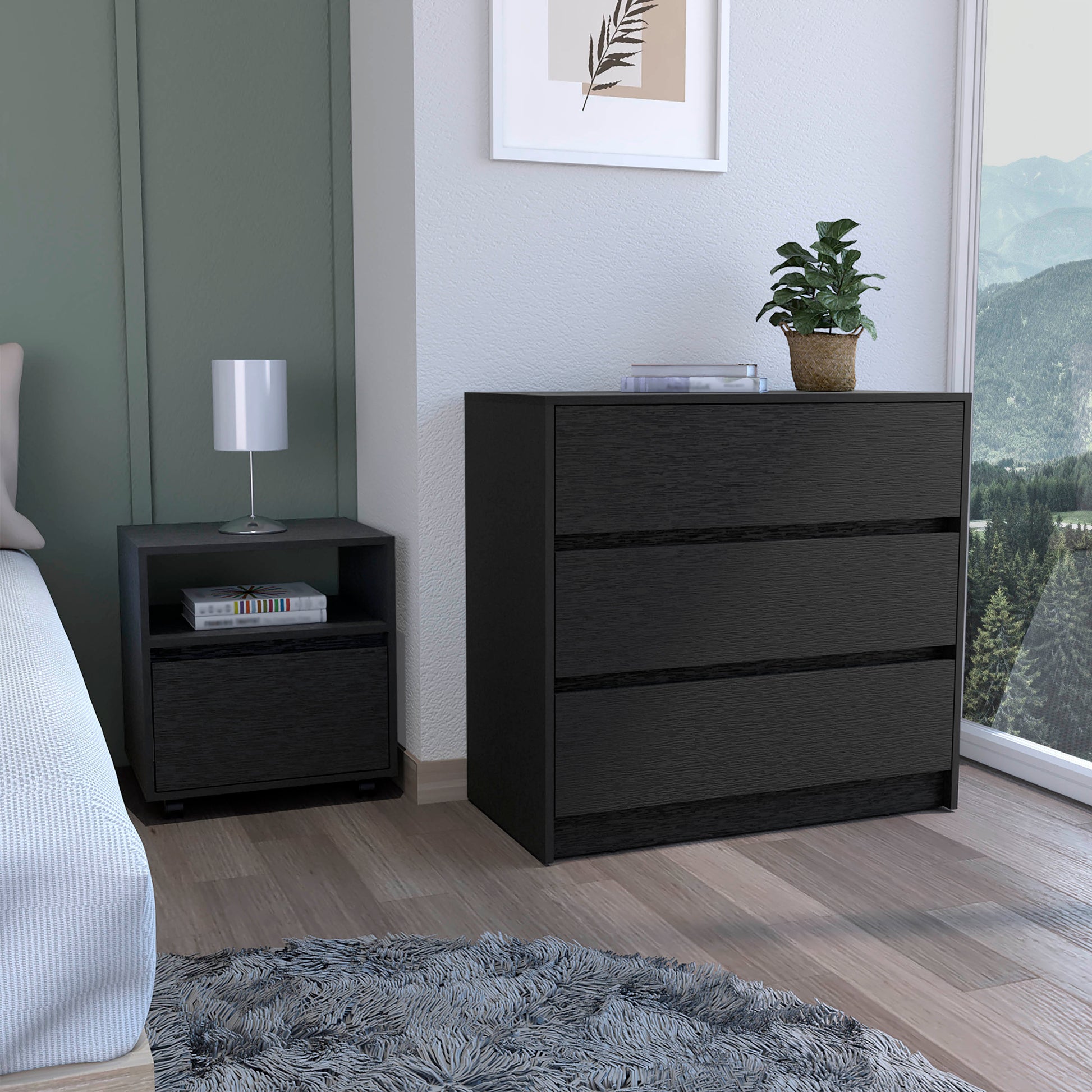 Milford 2 Piece Bedroom Set, Nightstand Dresser, Black Black Particle Board Particle Board