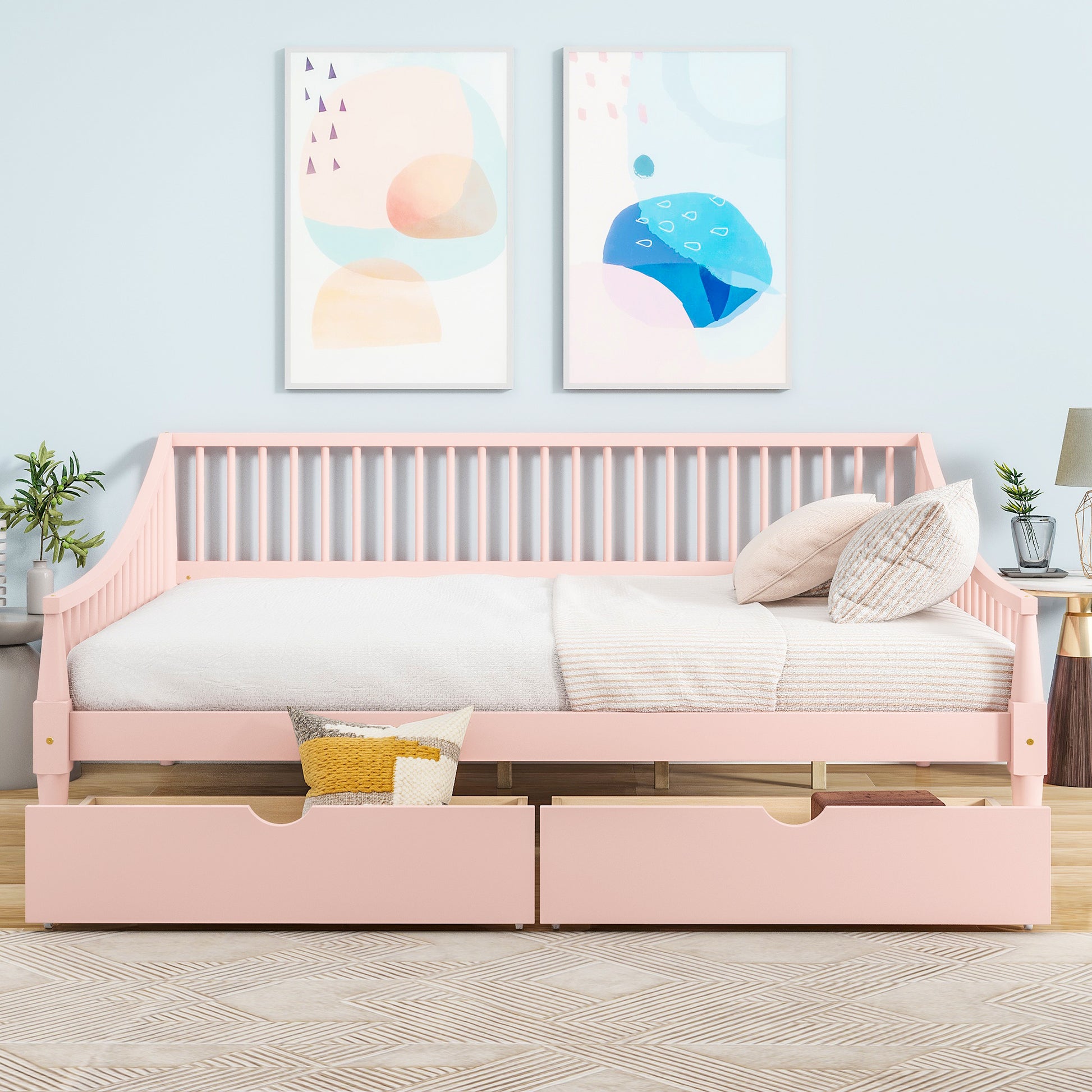 Full Size Daybed With Two Storage Drawers And Support Legs, Pink Pink Solid Wood Mdf