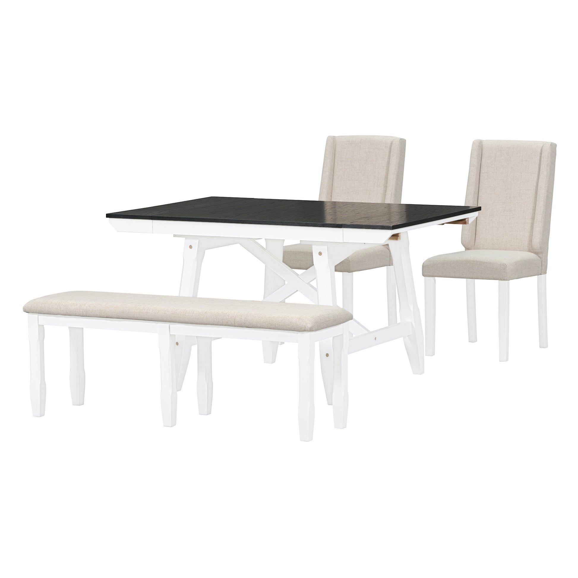 6 Piece Classic Dining Table Set, Rectangular Extendable Dining Table With Two 12"W Removable Leaves And 4 Upholstered Chairs & 1 Bench For Dining Room White Black White Black Solid Wood