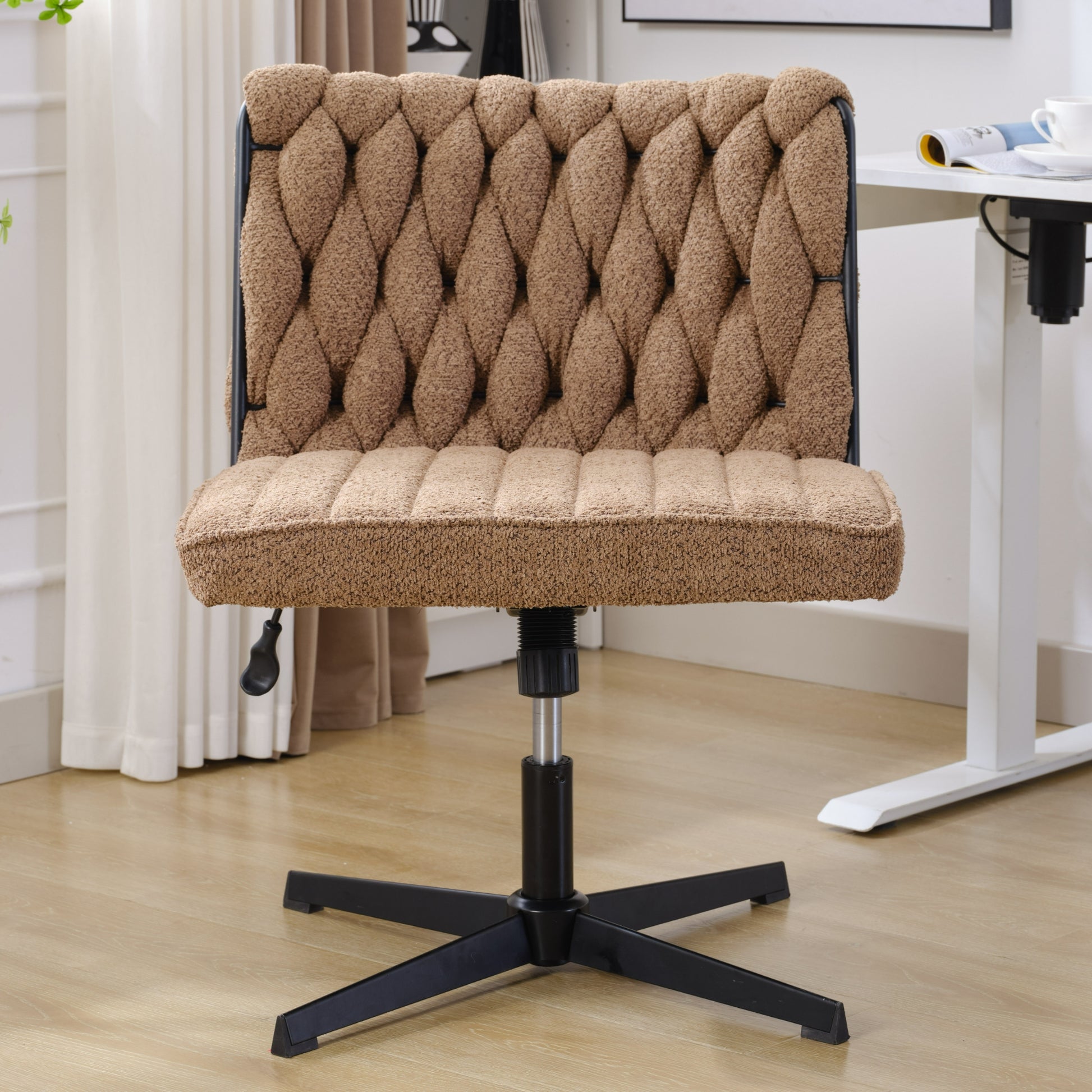 Armless Office Desk Chair No Wheels, Brown Brown Foam Polyester Blend