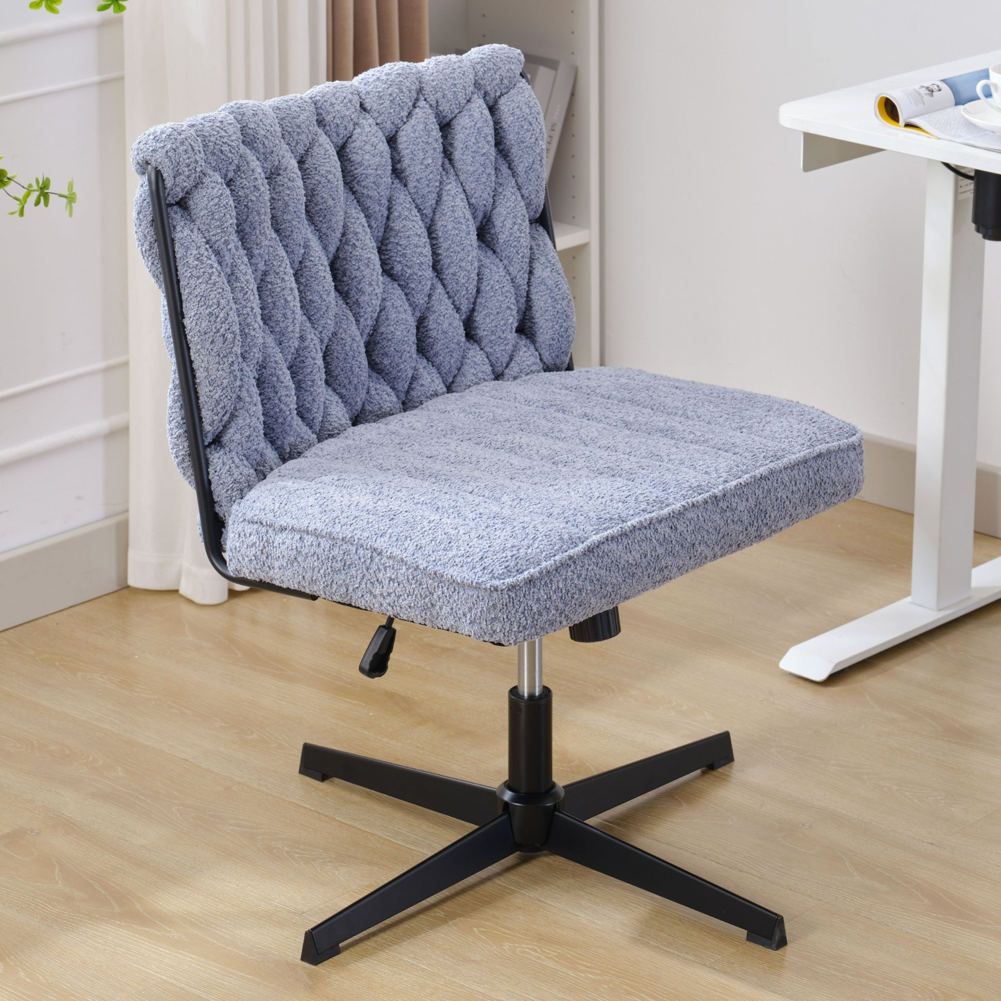 Armless Office Desk Chair No Wheels, Blue Blue Foam Polyester Blend