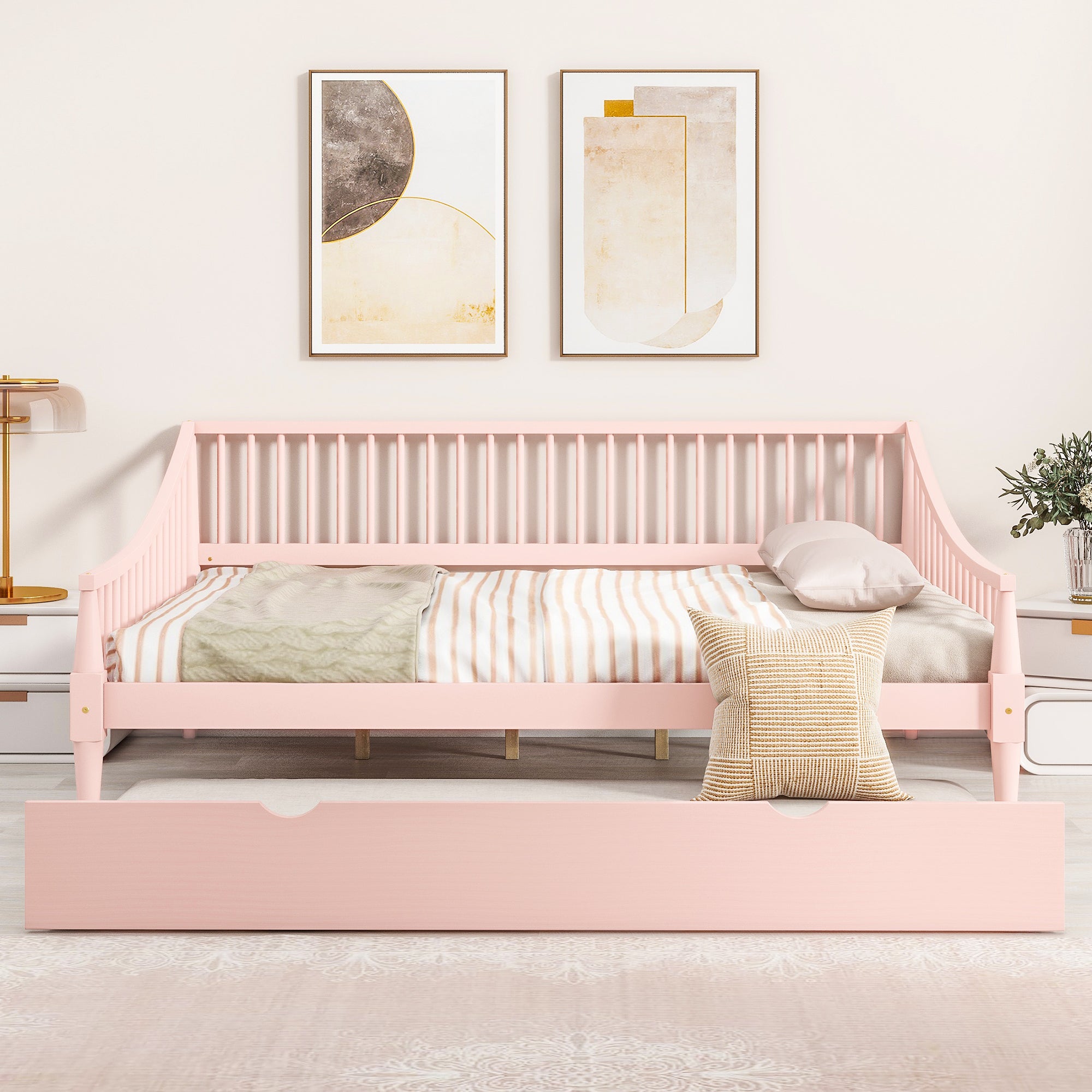 Full Size Daybed With Trundle And Support Legs, Pink Pink Solid Wood Mdf