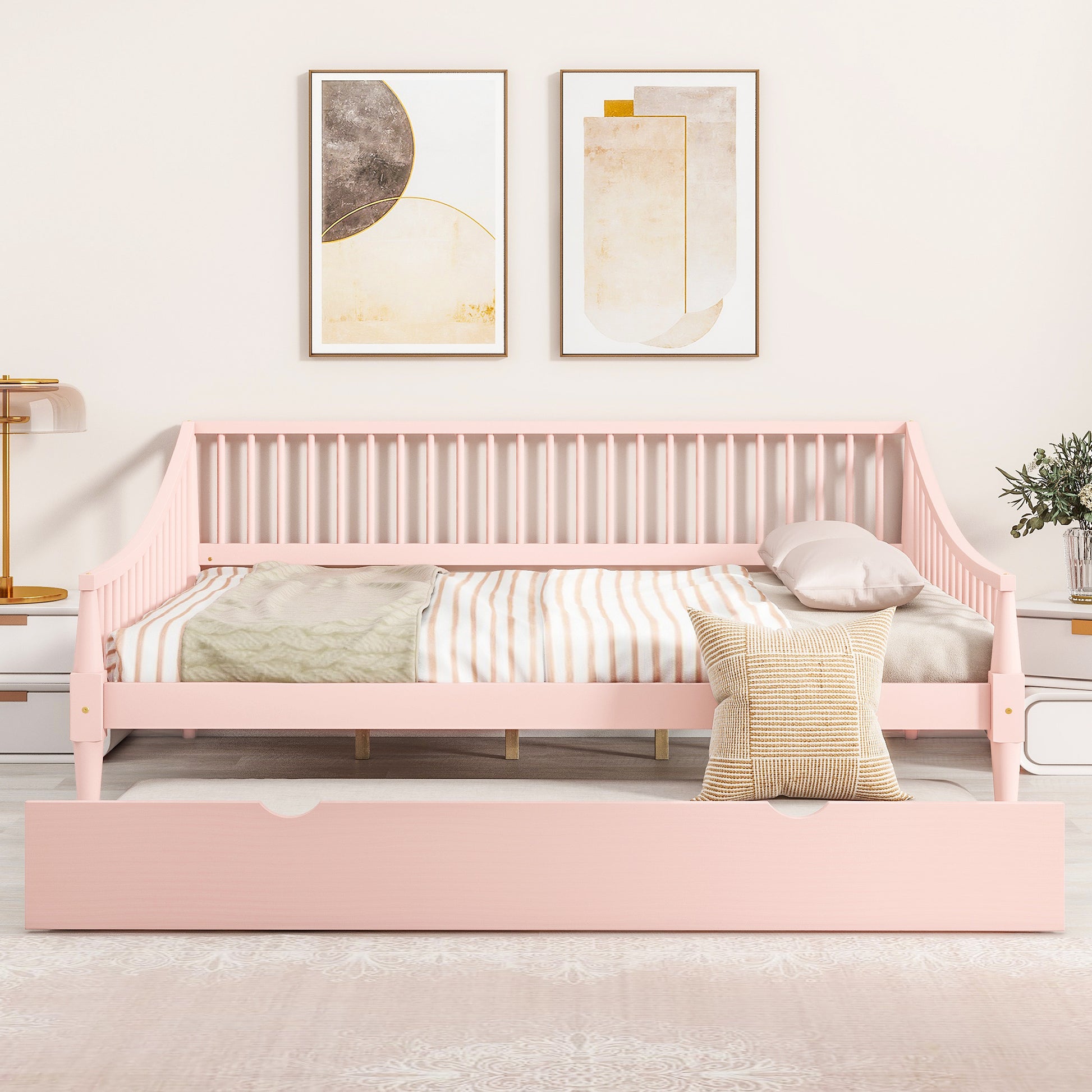 Full Size Daybed With Trundle And Support Legs, Pink Pink Solid Wood Mdf