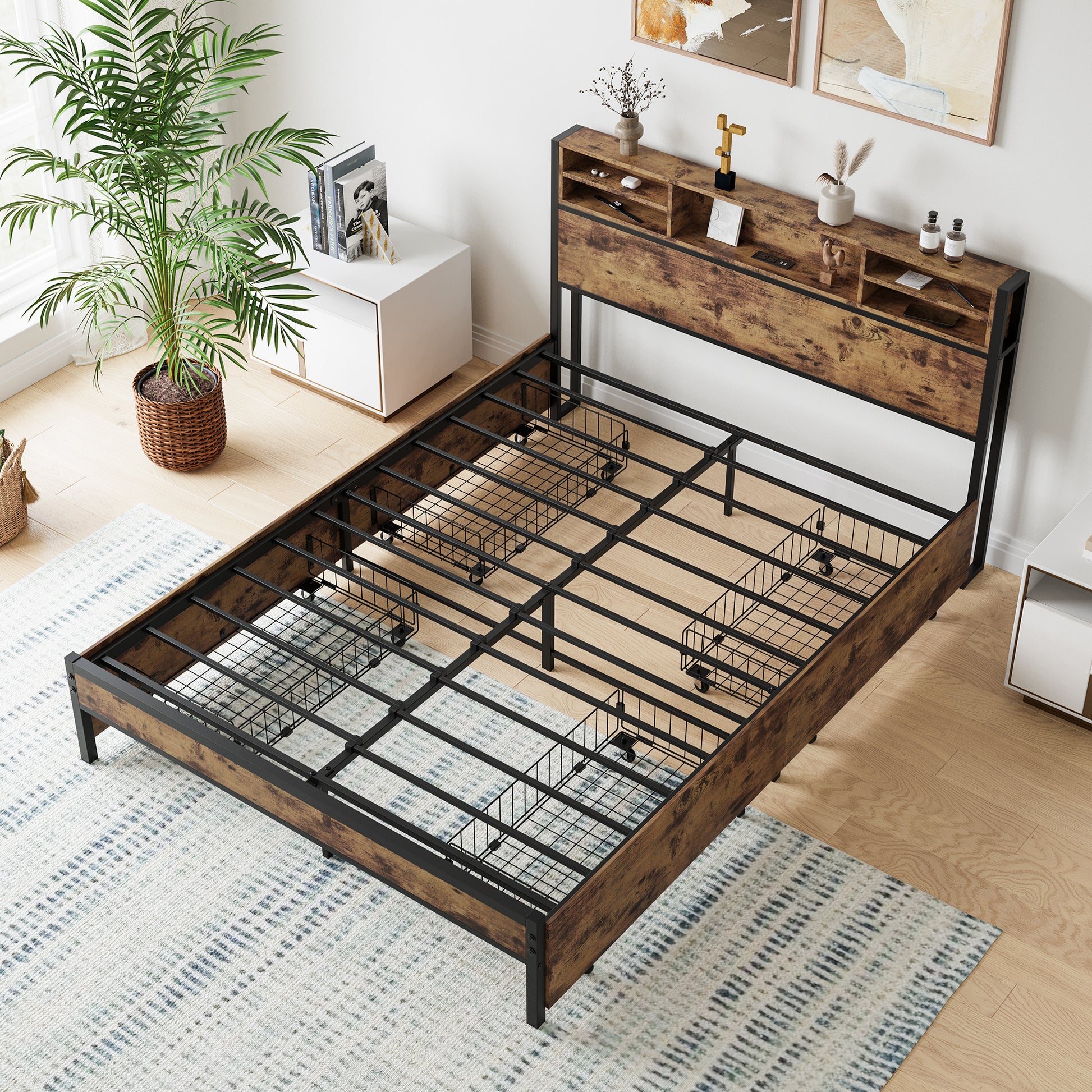 Queen Bed Frame With Storage Headboard And 4 Drawers Box Spring Not Required Queen Black Metal Bedroom Bed Frame Metal & Wood