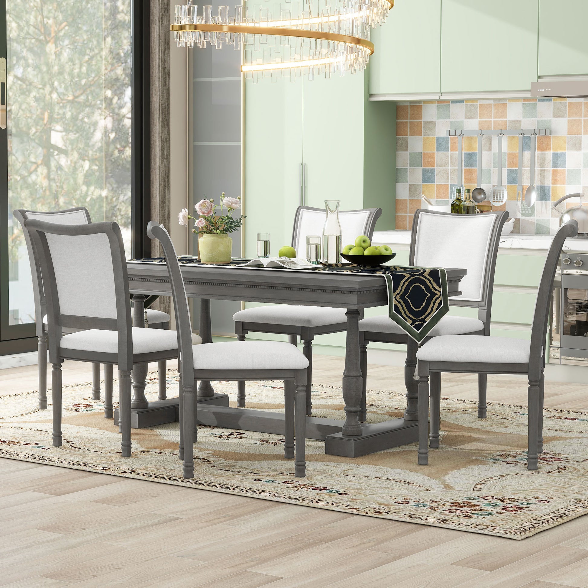 7 Piece Dining Table With 4 Trestle Base And 6 Upholstered Chairs With Slightly Curve And Ergonomic Seat Back Gray Upholstered Chair Wood Gray Seats 6 Wood Dining Room Distressed Finish American Design,Antique Trestle Rectangular Dining Table With Chair
