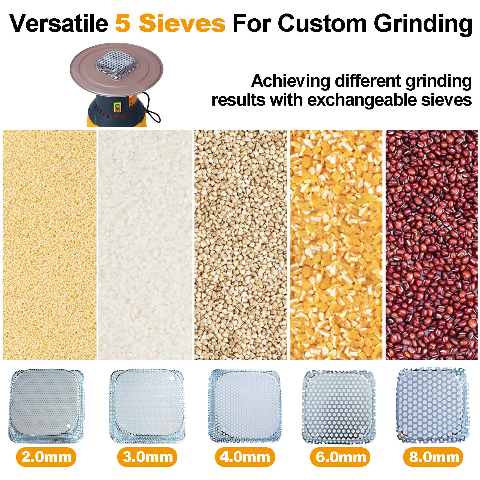 60L Grain Mill Grinder Electric Corn Grinder, Grain Mills Mill Flour Mills Molino De Maiz, Farm Home Electric Grinder For Corn Grain Feed, Wheat Grinder With 5 Grinder Sieves 1Wrench Dark Gray Steel