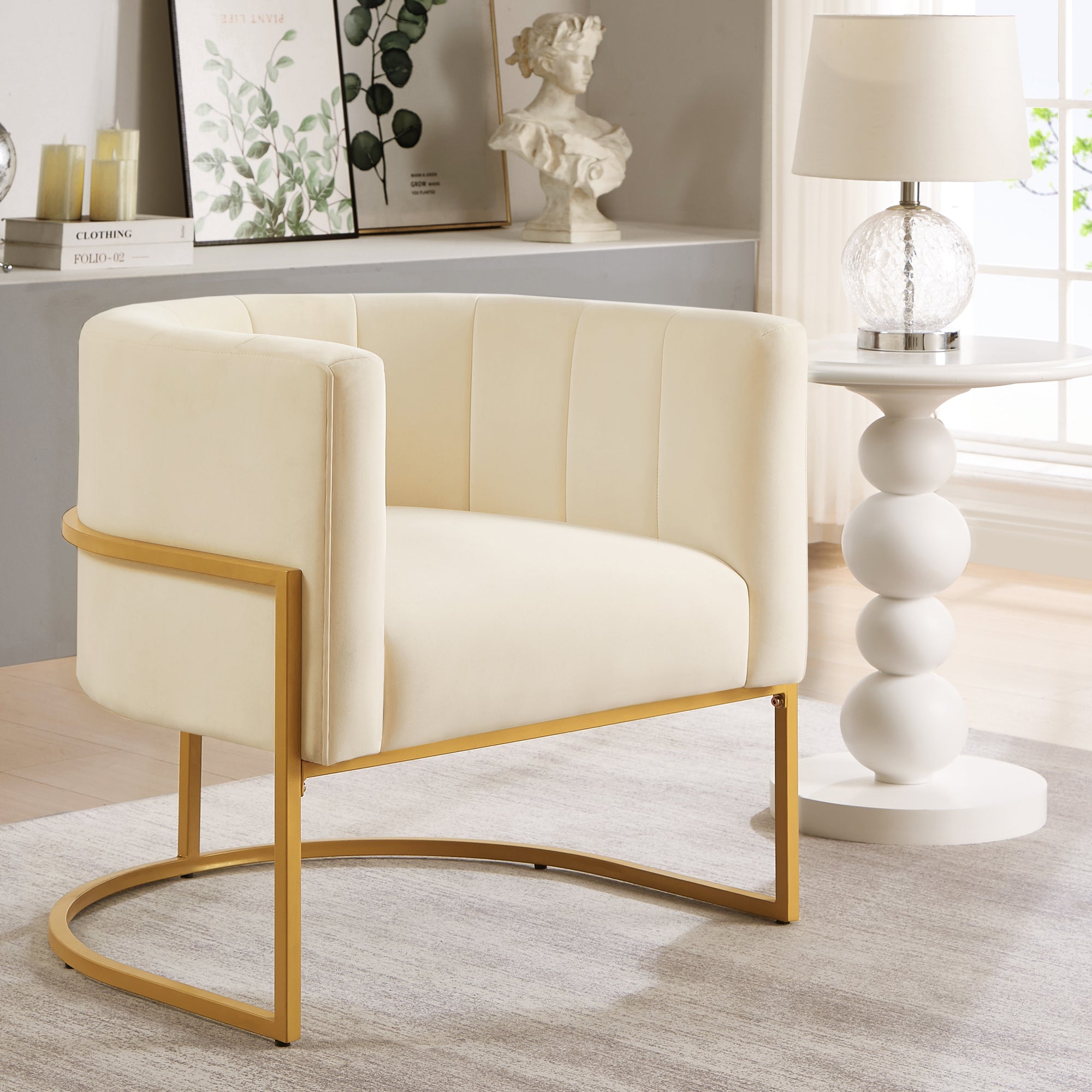 Upholstered Velvet Accent Chair With Golden Metal Stand,Mid Century Living Room Leisure Chair With Curve Backrest Cream Cream Primary Living Space Modern Foam Velvet