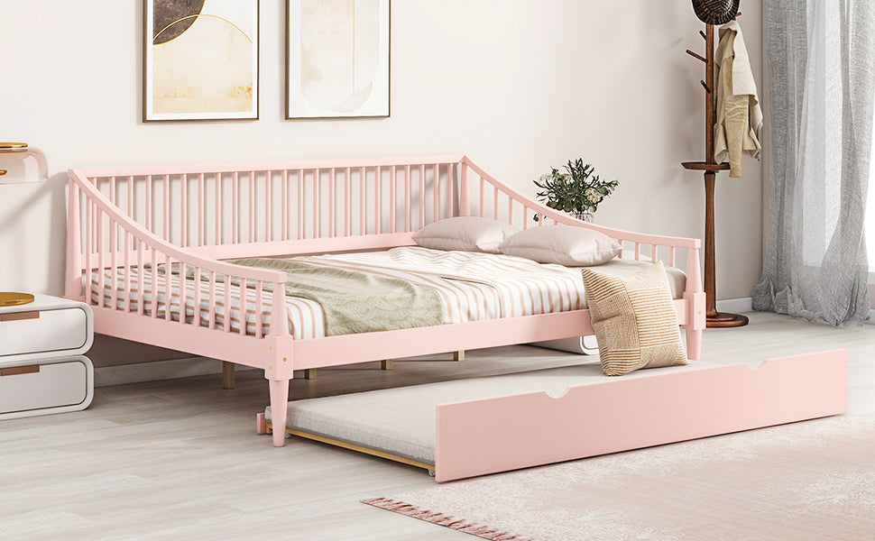 Full Size Daybed With Trundle And Support Legs, Pink Pink Solid Wood Mdf