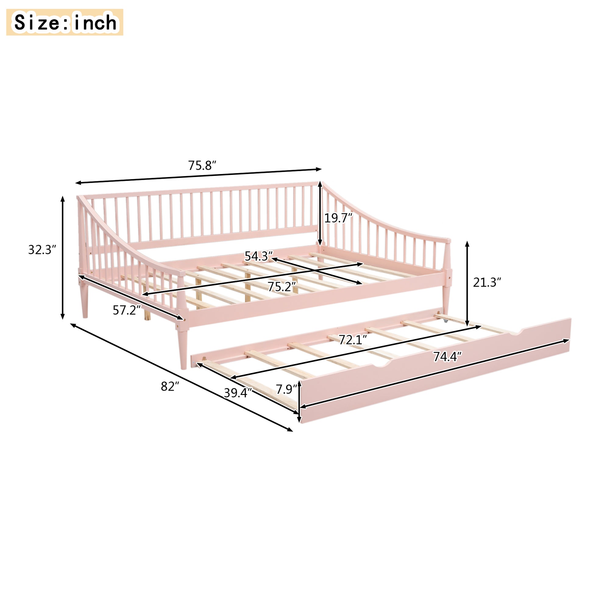 Full Size Daybed With Trundle And Support Legs, Pink Pink Solid Wood Mdf