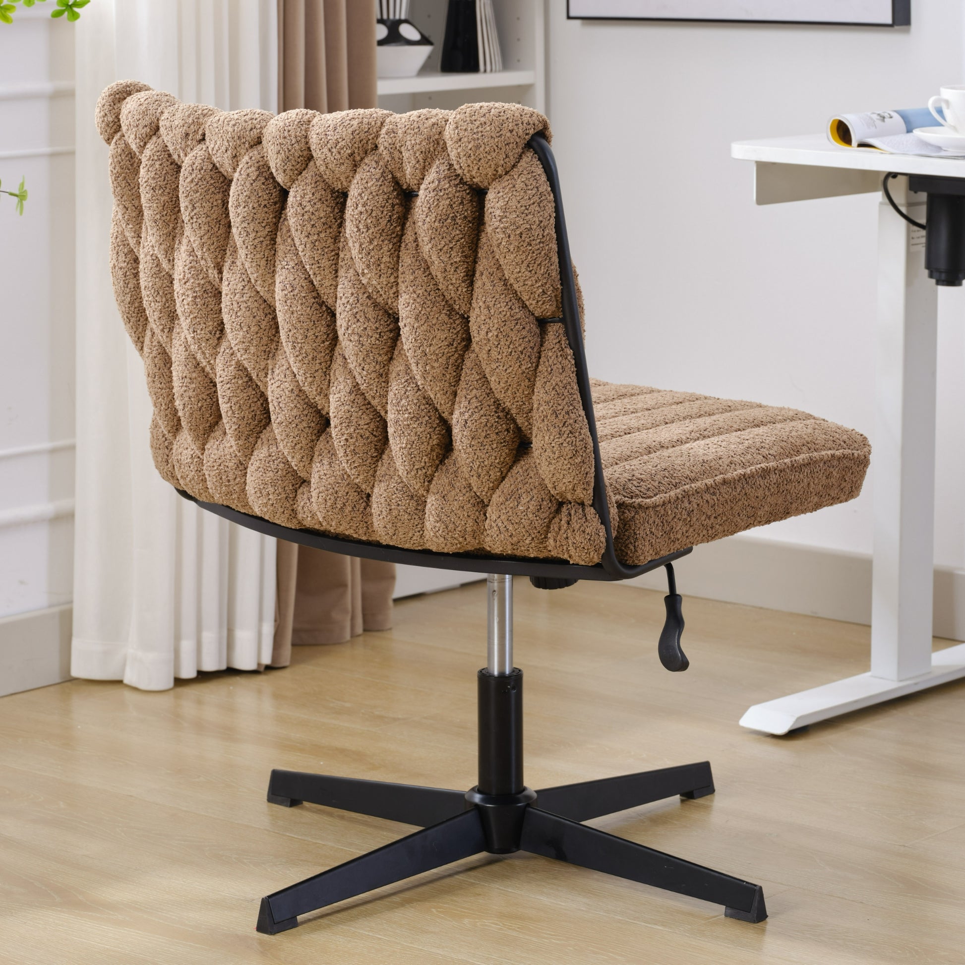 Armless Office Desk Chair No Wheels, Brown Brown Foam Polyester Blend
