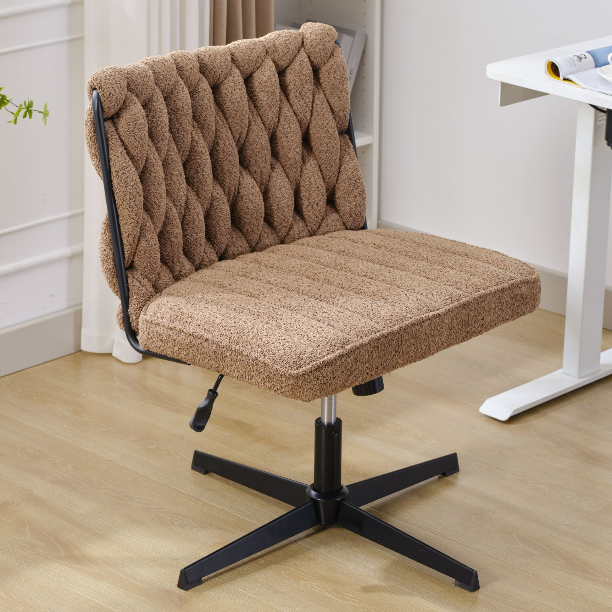 Armless Office Desk Chair No Wheels, Brown Brown Foam Polyester Blend