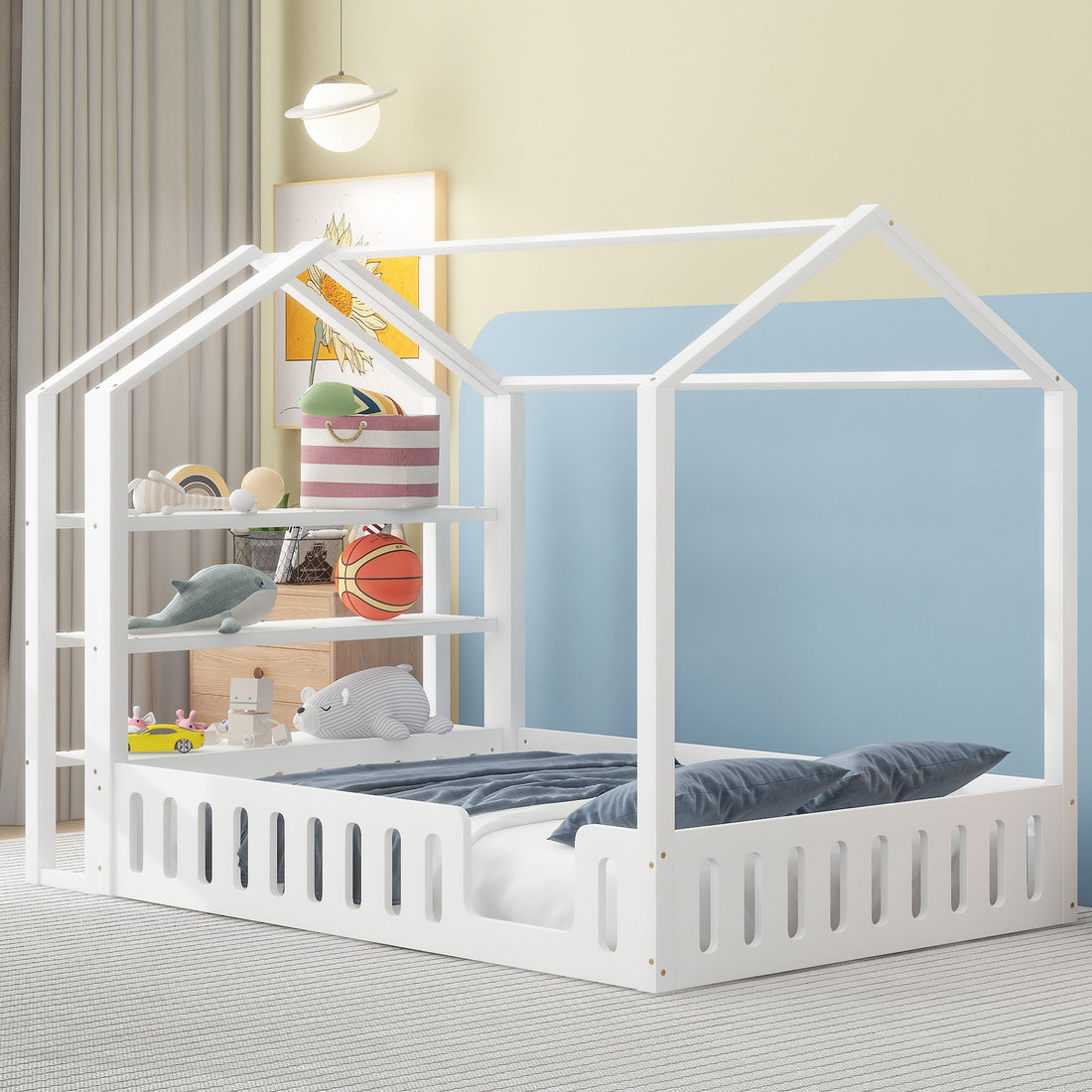 Full Size Wood House Bed With Fence And Detachable Storage Shelves, White Box Spring Not Required Full White Wood Bedroom Bed Frame Solid Wood Mdf