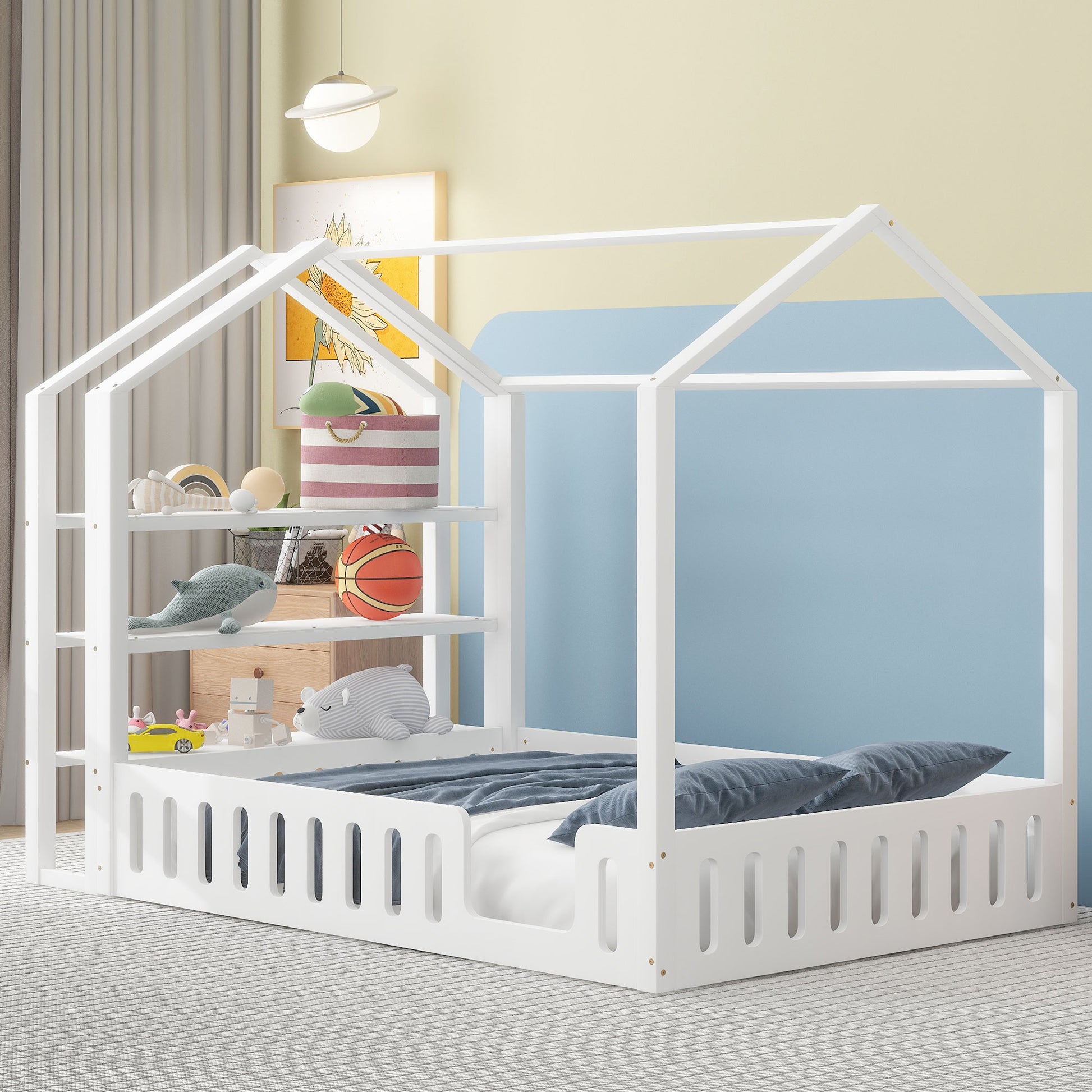 Full Size Wood House Bed With Fence And Detachable Storage Shelves, White Box Spring Not Required Full White Wood Bedroom Bed Frame Solid Wood Mdf
