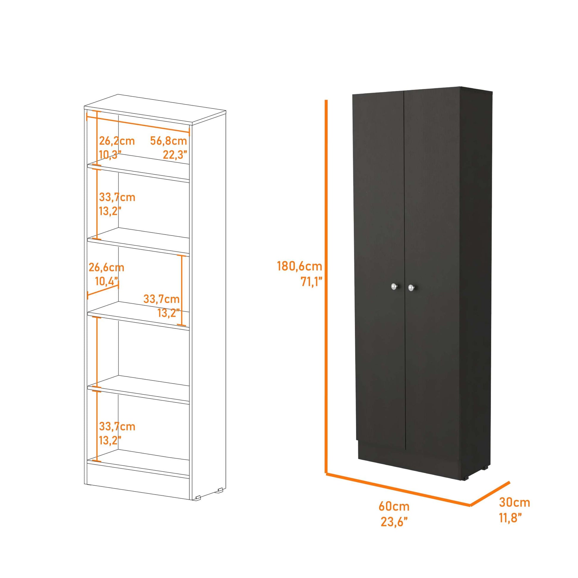 Virginia Double Door Storage Cabinet, Five Shelves Black Mdf Engineered Wood