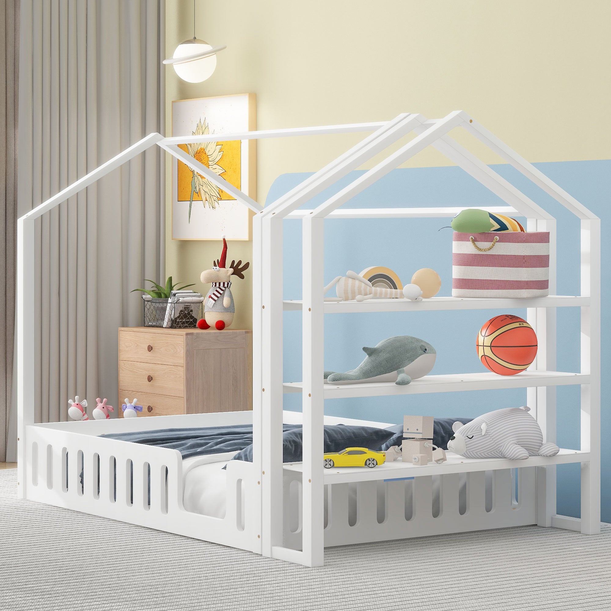 Full Size Wood House Bed With Fence And Detachable Storage Shelves, White Box Spring Not Required Full White Wood Bedroom Bed Frame Solid Wood Mdf