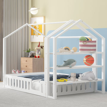 Full Size Wood House Bed With Fence And Detachable Storage Shelves, White Box Spring Not Required Full White Wood Bedroom Bed Frame Solid Wood Mdf