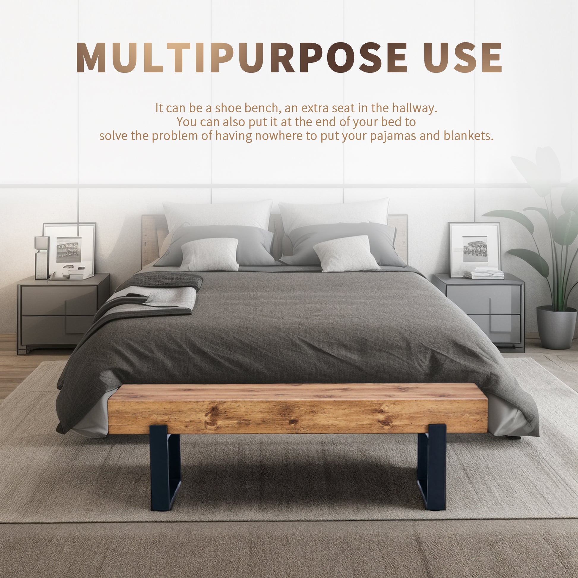 59" Dining Bench, Farmhouse Indoor Kitchen Table Benches, Bed Bench, Industrial Shoe Bench, Entryway Benches Natural Wood Wash Farmhouse,Mid Century Modern,Modern Mdf Mdf Metal