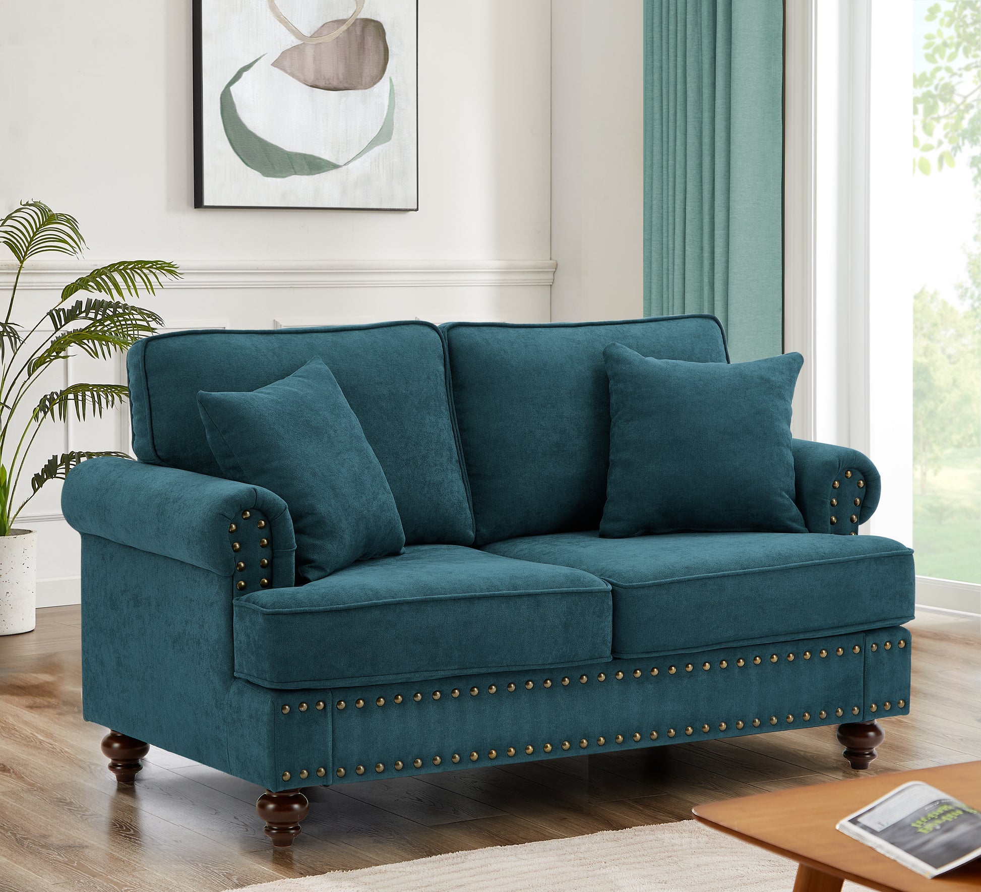 Modern Sofa For Living Room,61" Green Chenille Sofa Couch, Sectional Beautiful Seat Sofa Couch With Brown Legs, Upholstered Sofa For Apartment Bedroom Home Office Lake Green Brown Wood Primary Living Space Soft Cushion Back American Design Rolled Arms