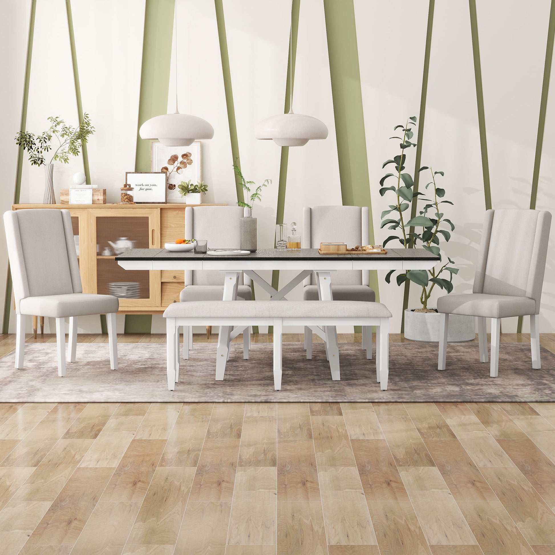 6 Piece Classic Dining Table Set, Rectangular Extendable Dining Table With Two 12"W Removable Leaves And 4 Upholstered Chairs & 1 Bench For Dining Room White Black White Black Solid Wood