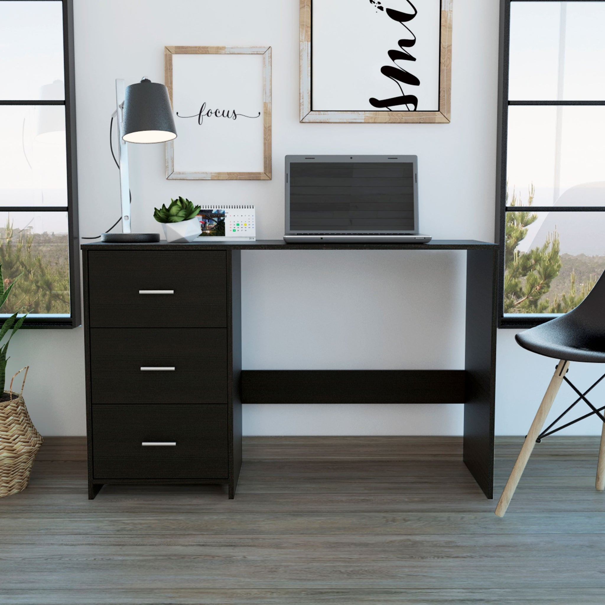 Berlin Three Drawers Desk Black Mdf Engineered Wood