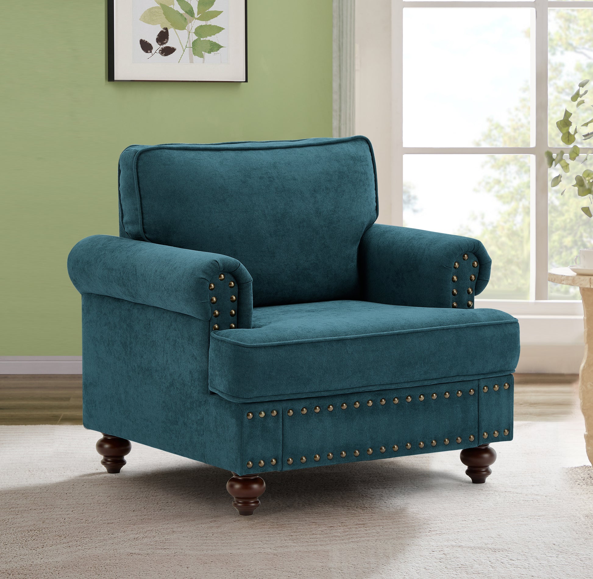 Modern Sofa For Living Room,38"Green Chenille Sofa Couch, Sectional Beautiful Seat Sofa Couch With Brown Legs, Upholstered Sofa For Apartment Bedroom Home Office Lake Green Brown Polyester Wood Primary Living Space Soft American Design Rolled Arms