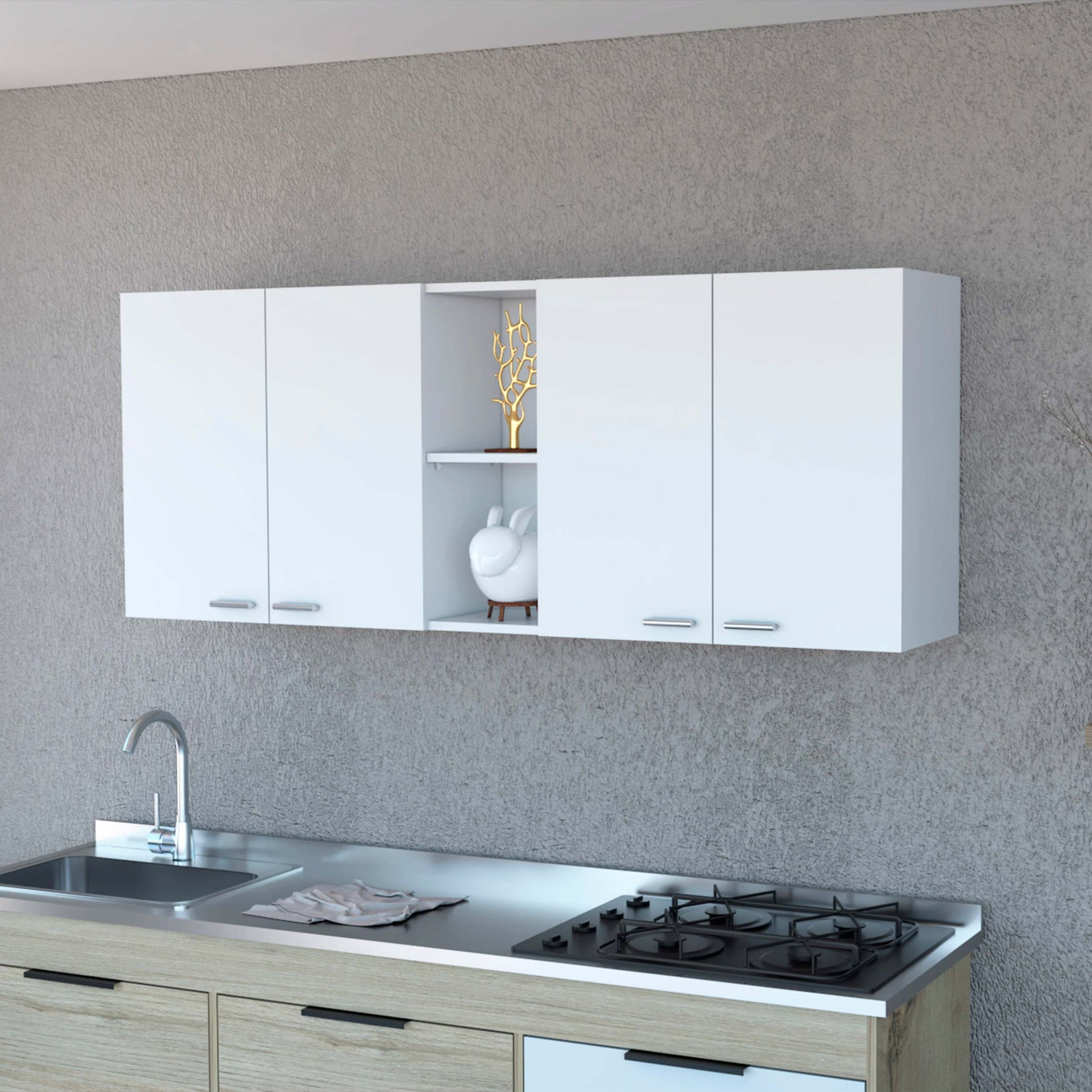 Winslow 150" Wall Cabinet, Four Doors, Two Divisions, Two Shelves White Mdf Engineered Wood